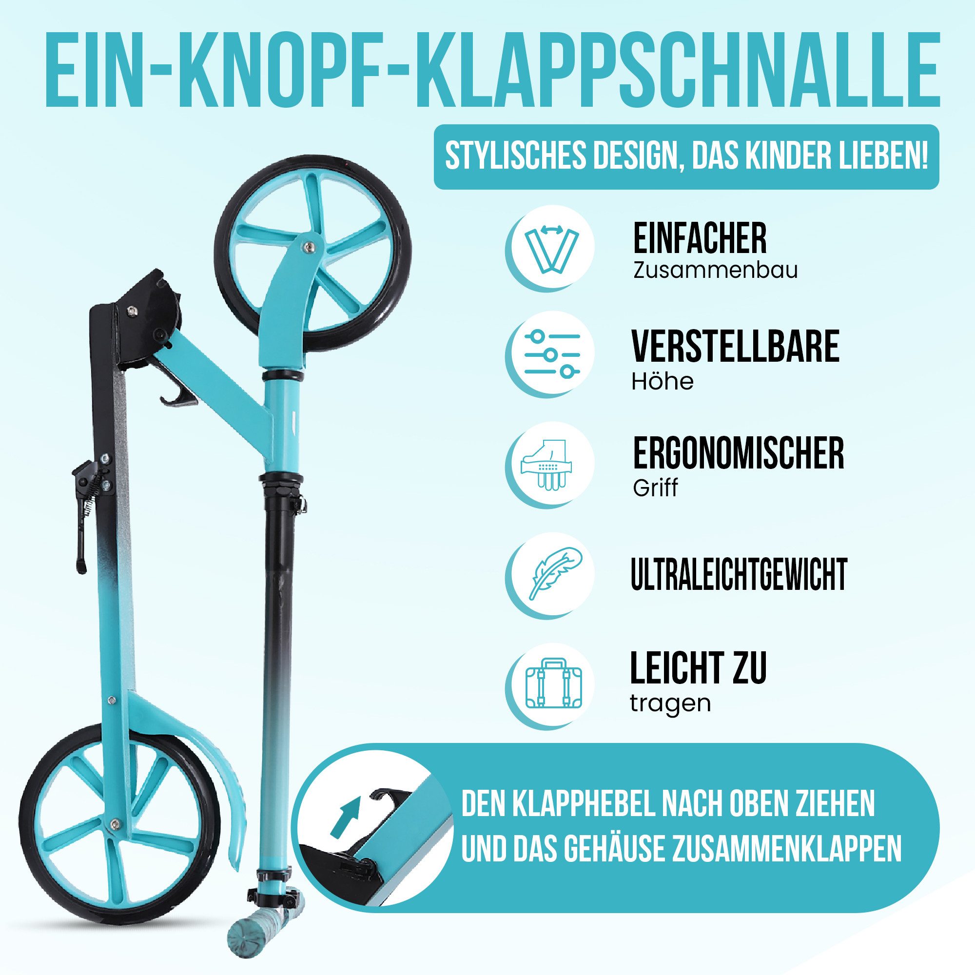 Habib Gruppe Scooter Kinderroller 200mm Cityroller, Klappbar & bis 100kg