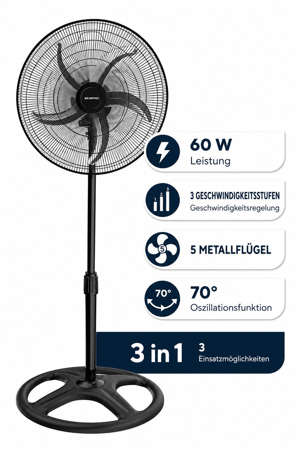 KUMTEL Standventilator KTF-340, 50 cm Durchmesser, 60 w,70° horizontale Oszillation, Höhenverstellbar