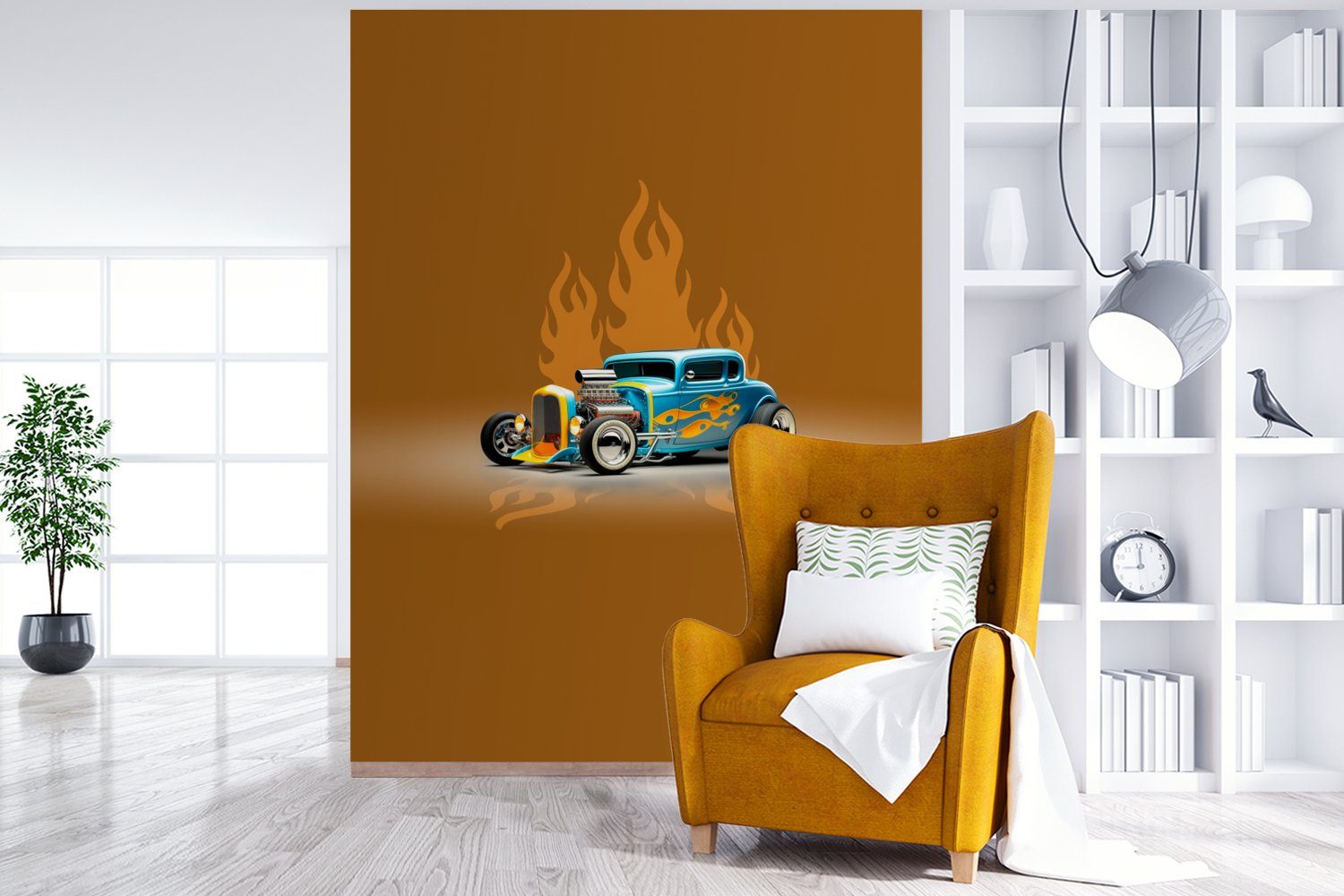 MuchoWow Fototapete Auto - Flammen Gelb Tapete bedruckt, - St), Montagefertig Wandtapete - Matt, (4 für Wohnzimmer, Vinyl Vintage