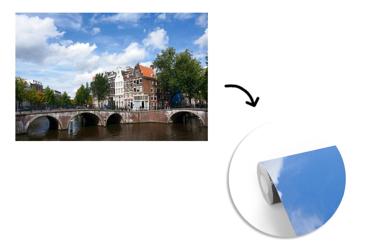 in Die Fototapete Vinyl blauen Keizersgracht Amsterdam unter Tapete einem St), Himmel MuchoWow mit bedruckt, Montagefertig Matt, Wohnzimmer, Wolken, (7 Wandtapete für