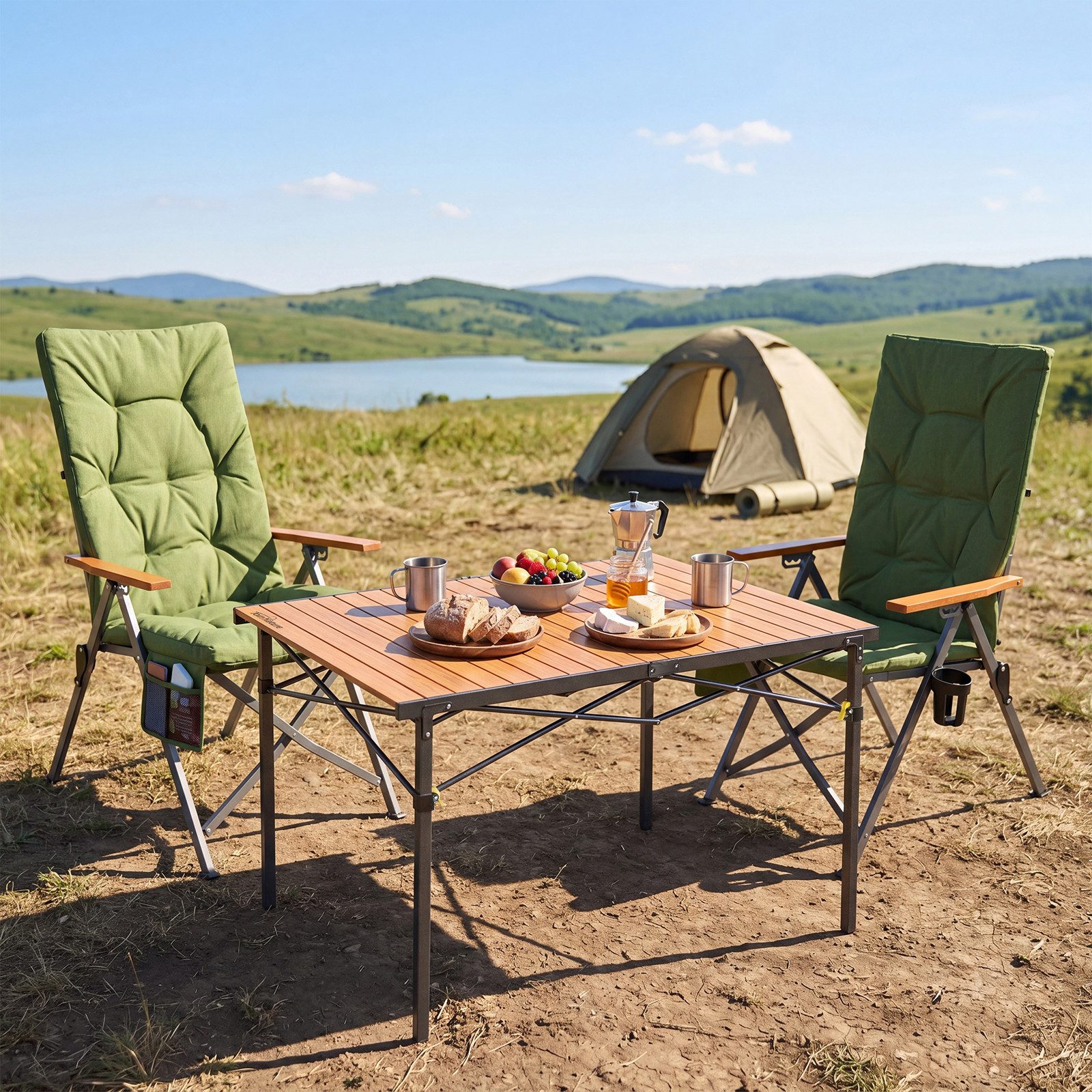 HOMECALL Campingstuhl Klapptisch-Set mit 2, Grün, Gr. 70 cm