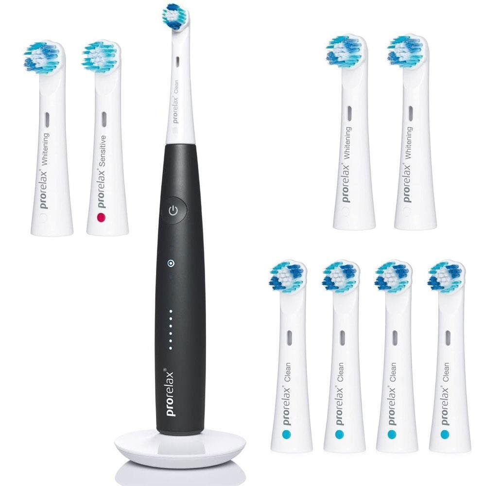 prorelax Elektrische Zahnbürste Clean Premium Plus, Aufsteckbürsten: 9 St., Elektrische Zahnbürste "CLEAN PREMIUM+", 9 Bürstenköpfe, WB+ Edition Reiseetui mit integriertem USB Ladegerät Set XXL Pack