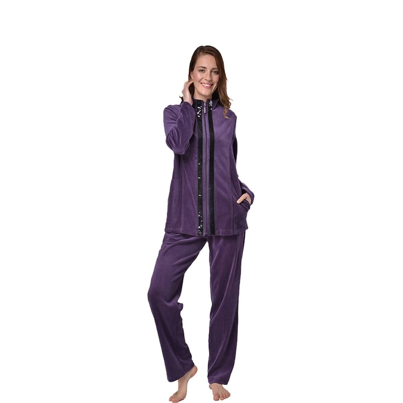 RAIKOU Hausanzug Damen Velours Nicki-Anzug Freizeitanzug Hausanzug (2 tlg) zwei glänzende, schwarze Paillettenreihen