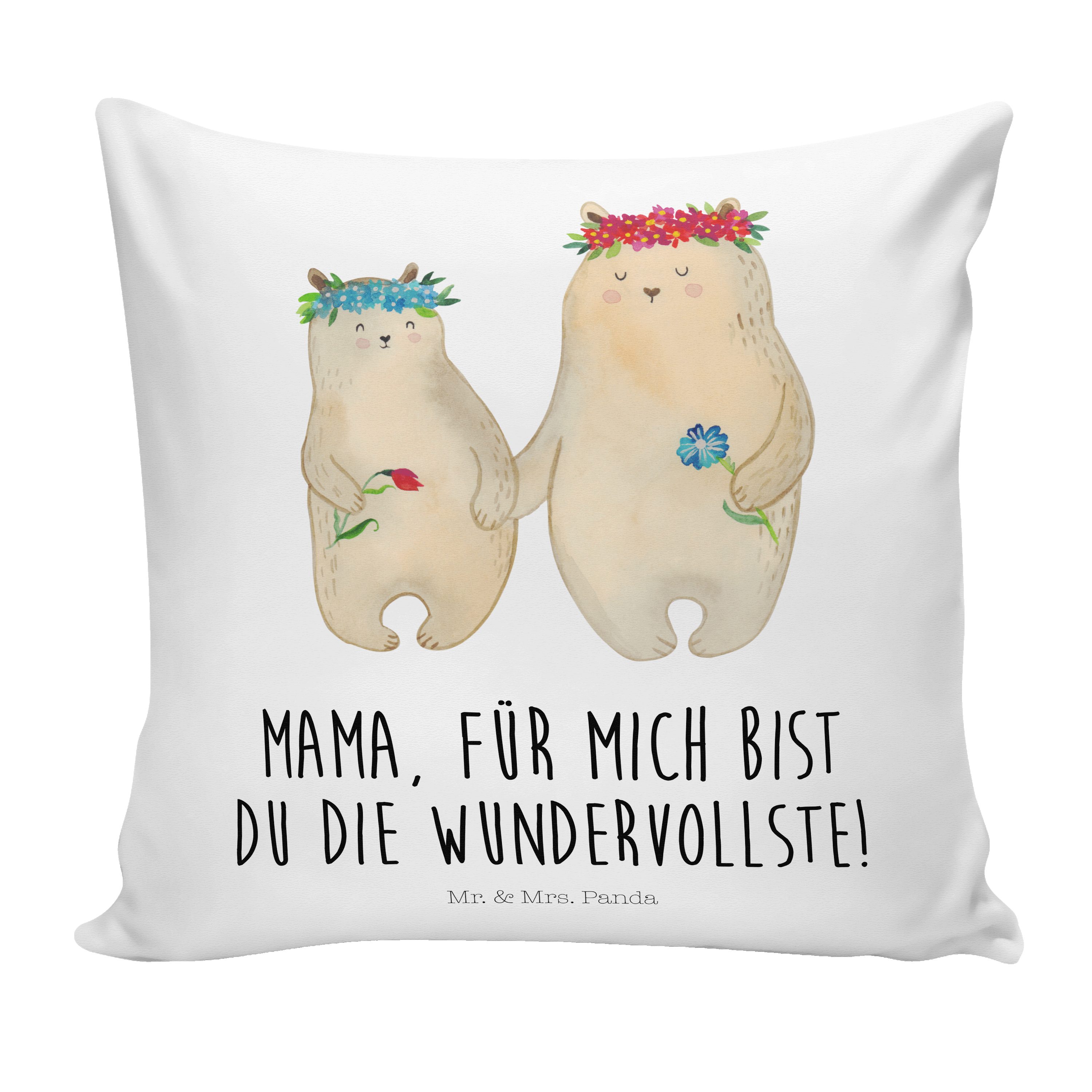 Mutter Panda mit Bären Blumenkranz - Mrs. Geschenk, Weiß & Motivkissen, Mr. - Tochter, Dekokissen