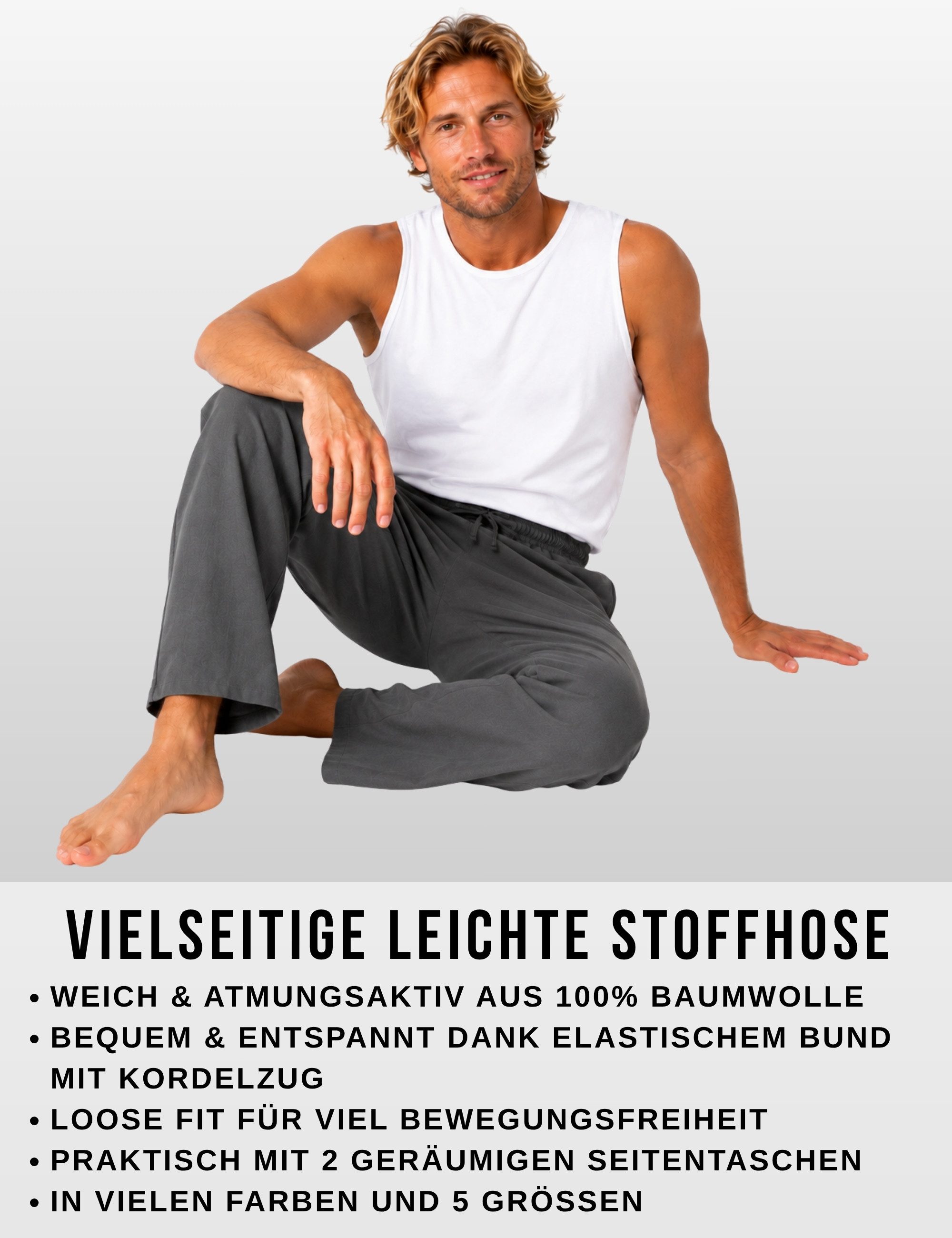 PANASIAM Stoffhose Sommerhose Herren 100% Baumwolle - leichte Freizeithose - Loose Fit Schlupfhose blickdicht & atmungsaktiv, mit Gummibund & Taschen, Yoga – Bild 3 von 5