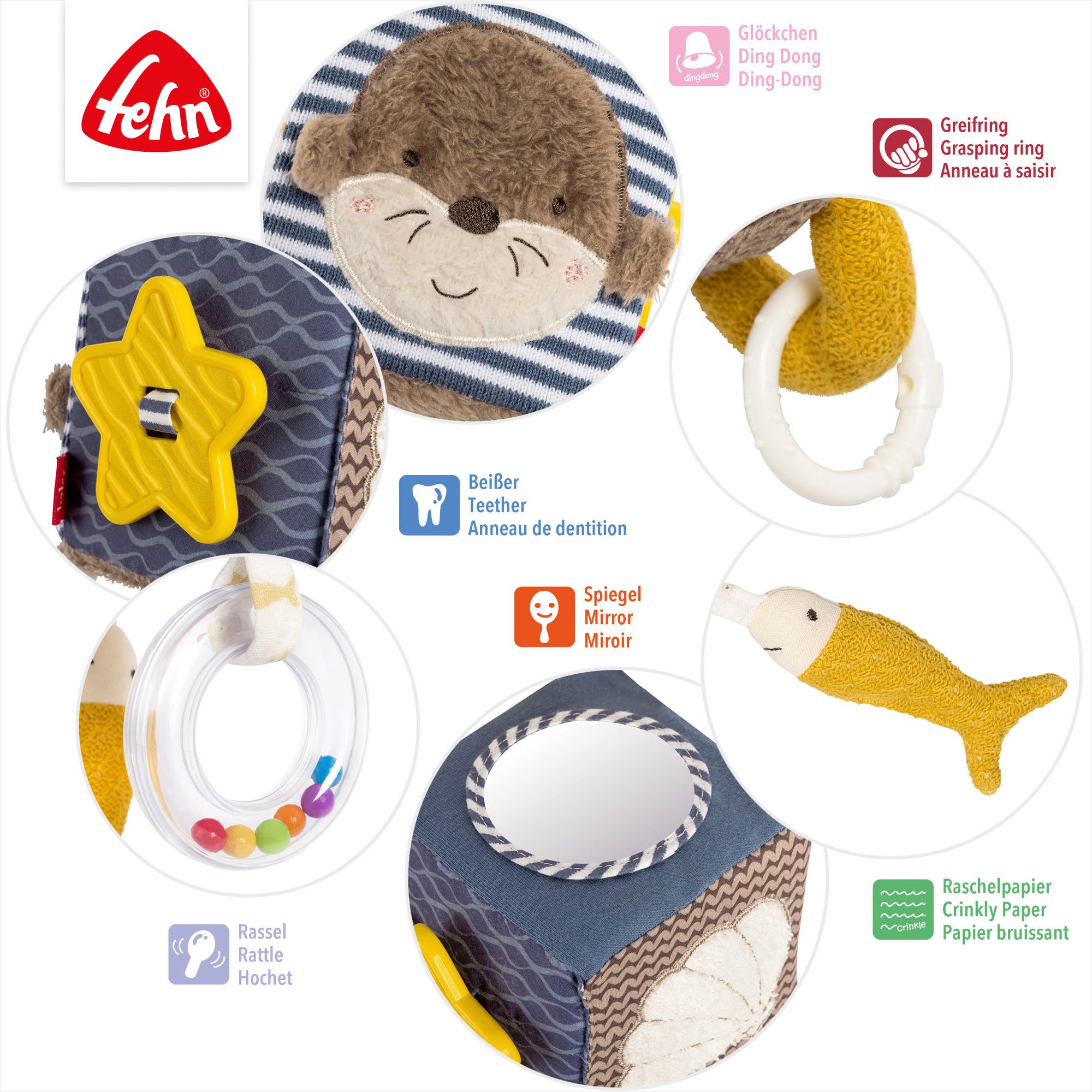 Fehn Greifspielzeug Otter Theo, Activity-Würfel Otter, mit Befestigungsring