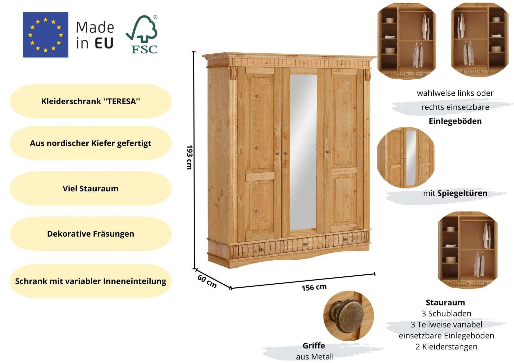 OTTO home Kleiderschrank Teresa 3 Türen, aus massiver Kiefer, Breite 152 cm, mit Spiegel, FSC®