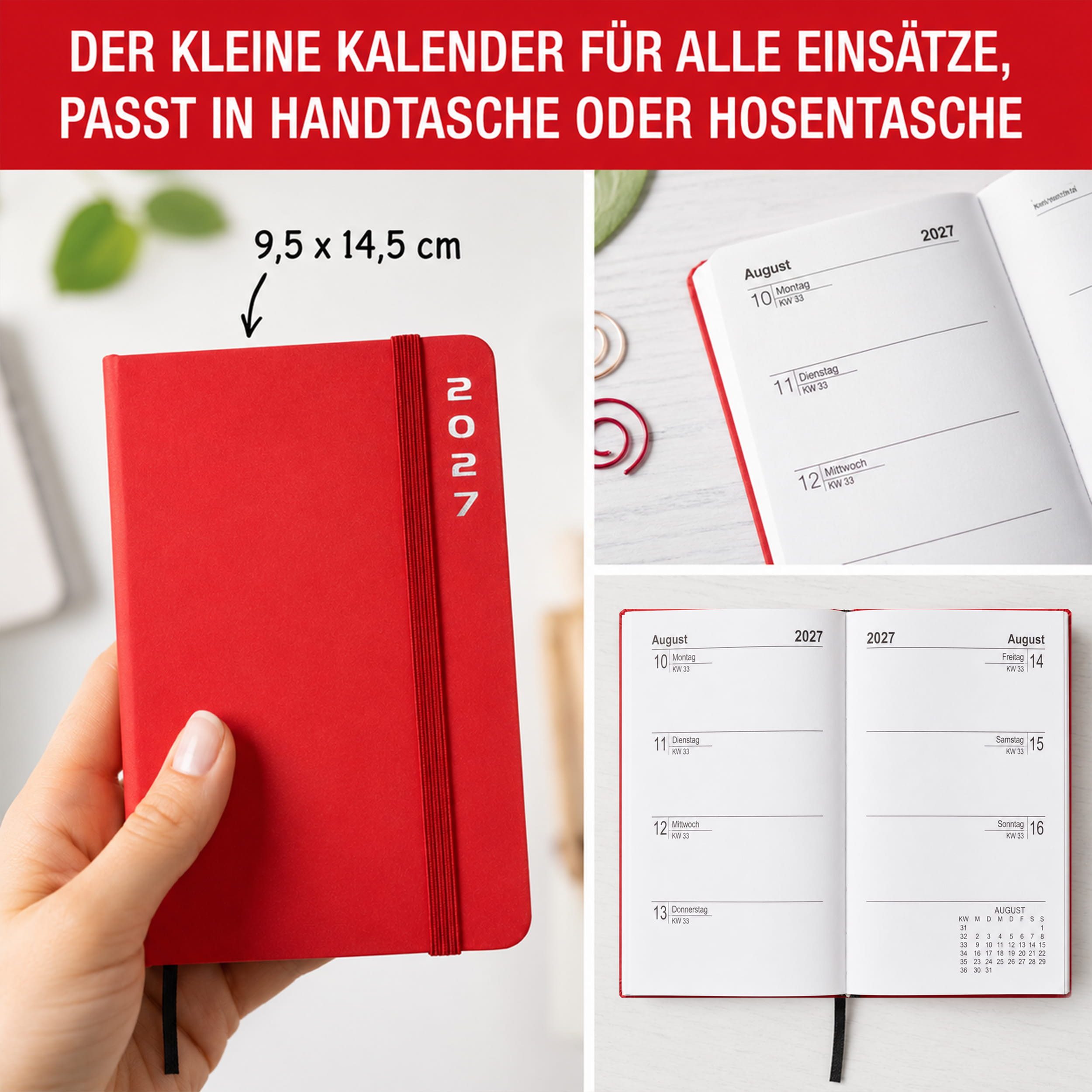 AMLI Taschenkalender Taschenkalender 2027 A6 mit Gummiband 1 Woche 2 Seiten Rot, Gummiband, Folienprägung, Leseband, Ferien & Feiertage – Bild 5 von 5