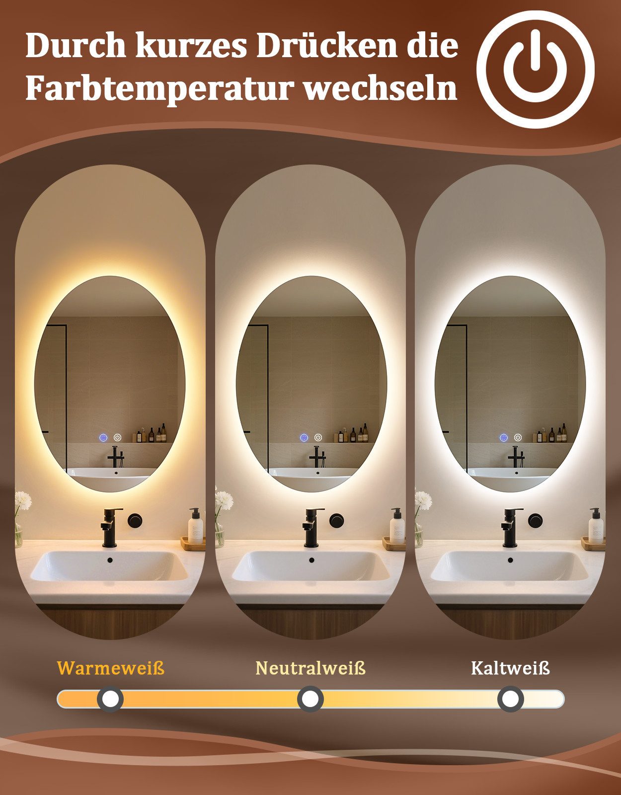 ZMH Badspiegel Spiegel Oval Badspiegel mit Beleuchtung - LED Badezimmerspiegel (1x Badspiegelleuchte), Wandspiegel Badezimmer mit Touch-Schalter Entfogger-Funktion Dimmbar