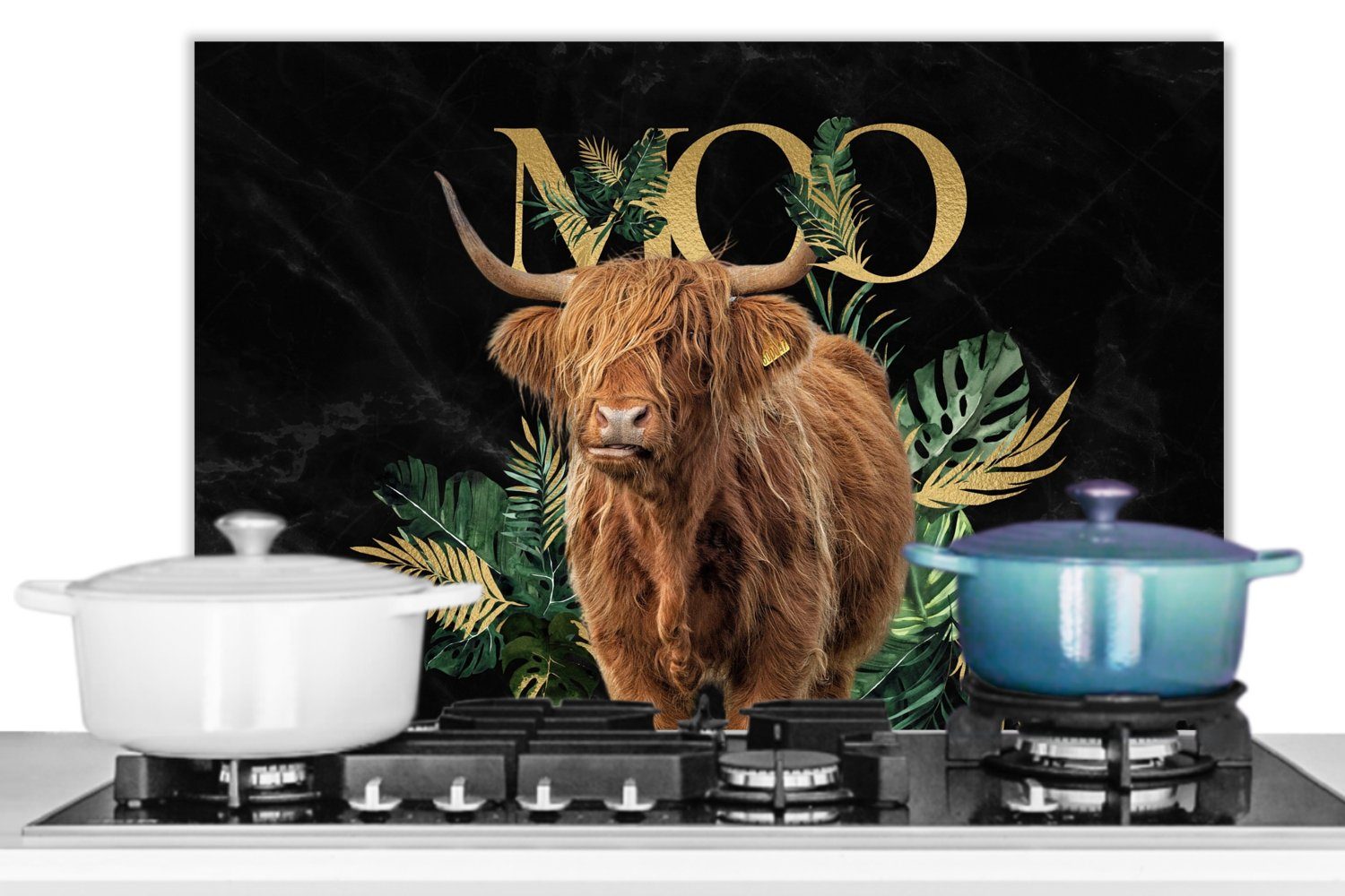 MuchoWow Küchenrückwand Schottischer Highlander - aus 60x40 küchen - (1-tlg), Wandschutz, Herdblende Marmor, Gold Temperaturbeständig cm