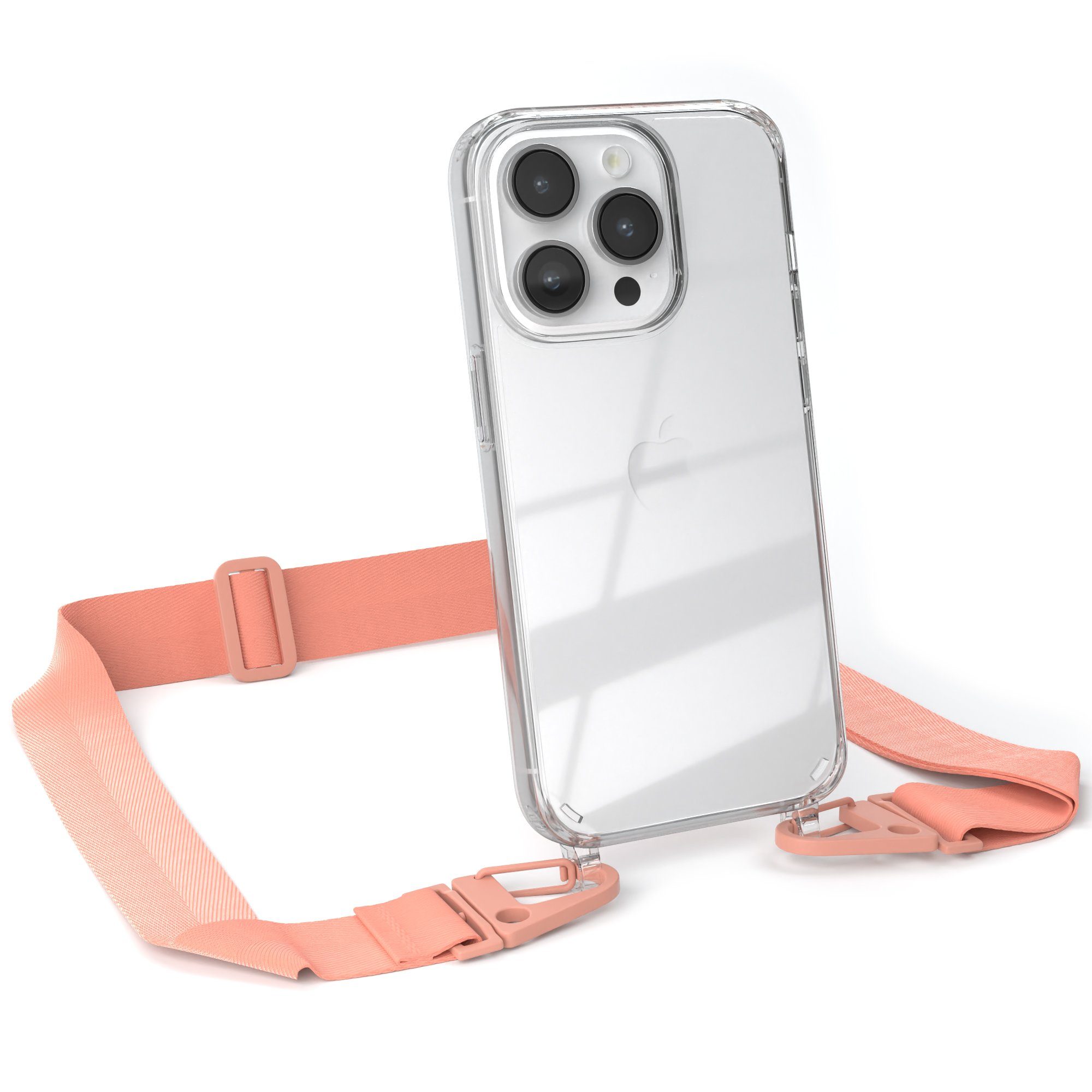 EAZY CASE Handykette Silikon Kette Karabiner für Apple iPhone 14 Pro 6,1 Zoll, Silicon Handyhülle mit breiter Kette Carabiner Necklace Altrosa Coral