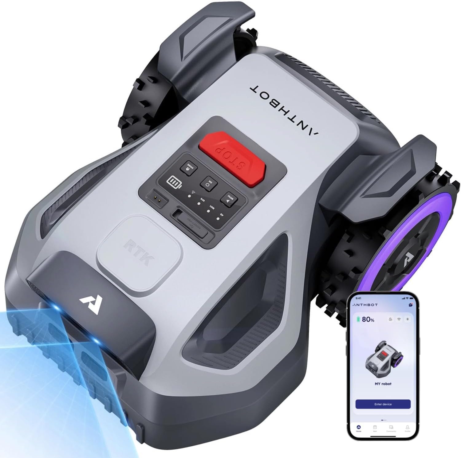 ANTHBOT Rasenmähroboter M5 Set mit RTK-Navigation & HDR-Dual-Vision, bis 700 m² Rasenfläche, (Mit Garage und Ersatzklingen-Set, Schnitthöhe per App, aktiver Tierschutz & KI-Hindernisvermeidung), mit 4G-Modul, Steigungen bis zu 45%