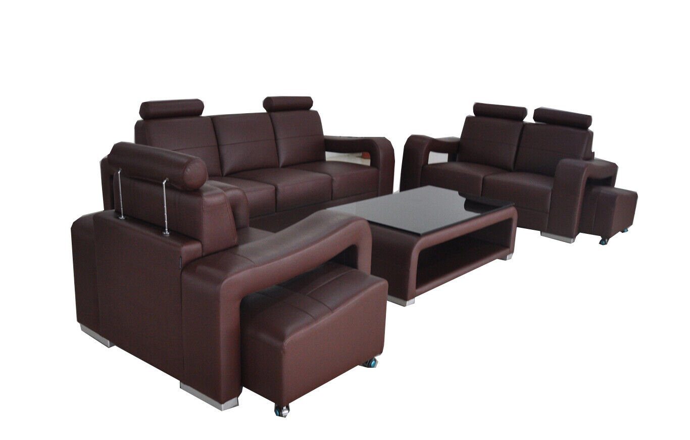 JVmoebel Wohnzimmer-Set Garnitur Leder Sofa mit USB Polster Couchen Sofas Wohnlandschaft 3+2+1, (4-St) Braun