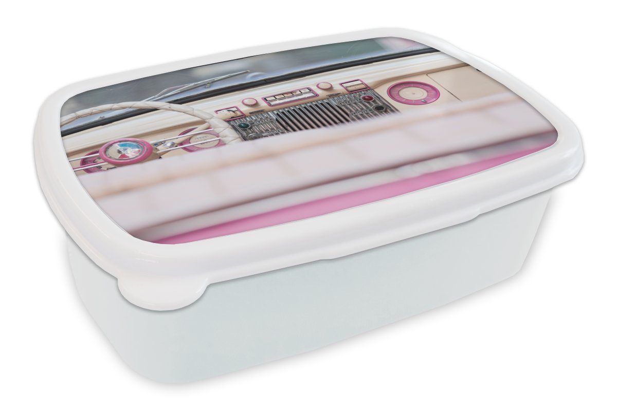 MuchoWow Lunchbox Auto - Retro - Rosa, Kunststoff, (2-tlg), Brotbox für Kinder und Erwachsene, Brotdose, für Jungs und Mädchen weiß
