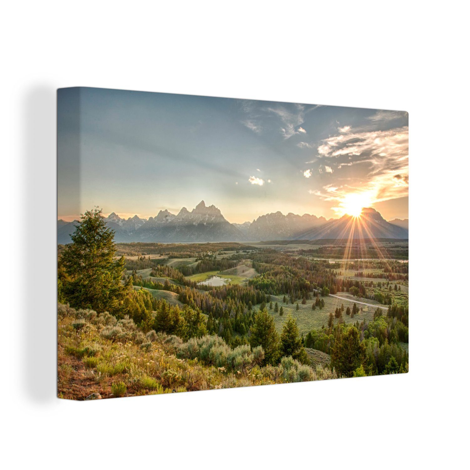 OneMillionCanvasses® Leinwandbild Die St), Vereinigten, den Sonne 30x20 in Wanddeko, Leinwandbilder, den hinter Aufhängefertig, Teton-Bergen strahlende cm (1 Wandbild