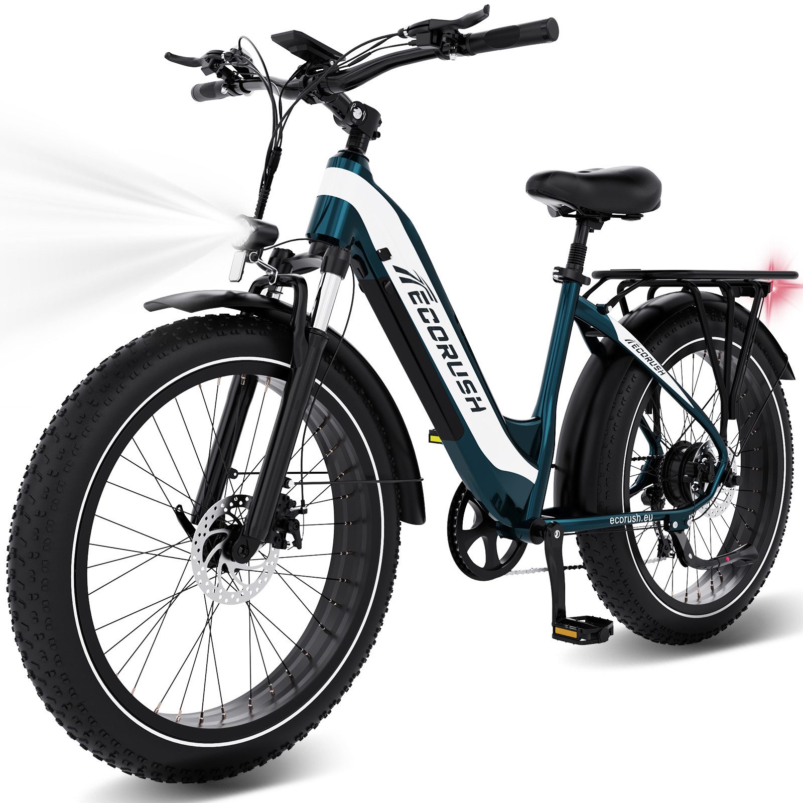 ECORUSH E-Bike Trekkingrad R3 Elektrofahrrad, 26 * 4.0 Breite Reifen mit48V13Ah Akku, 7 Gang shimano shimano Schaltwerk, Kettenschaltung, 250W Heckmotor, 624 Wh, Vollfederung, Pedelc, E-Mountainbike für Erwachsene