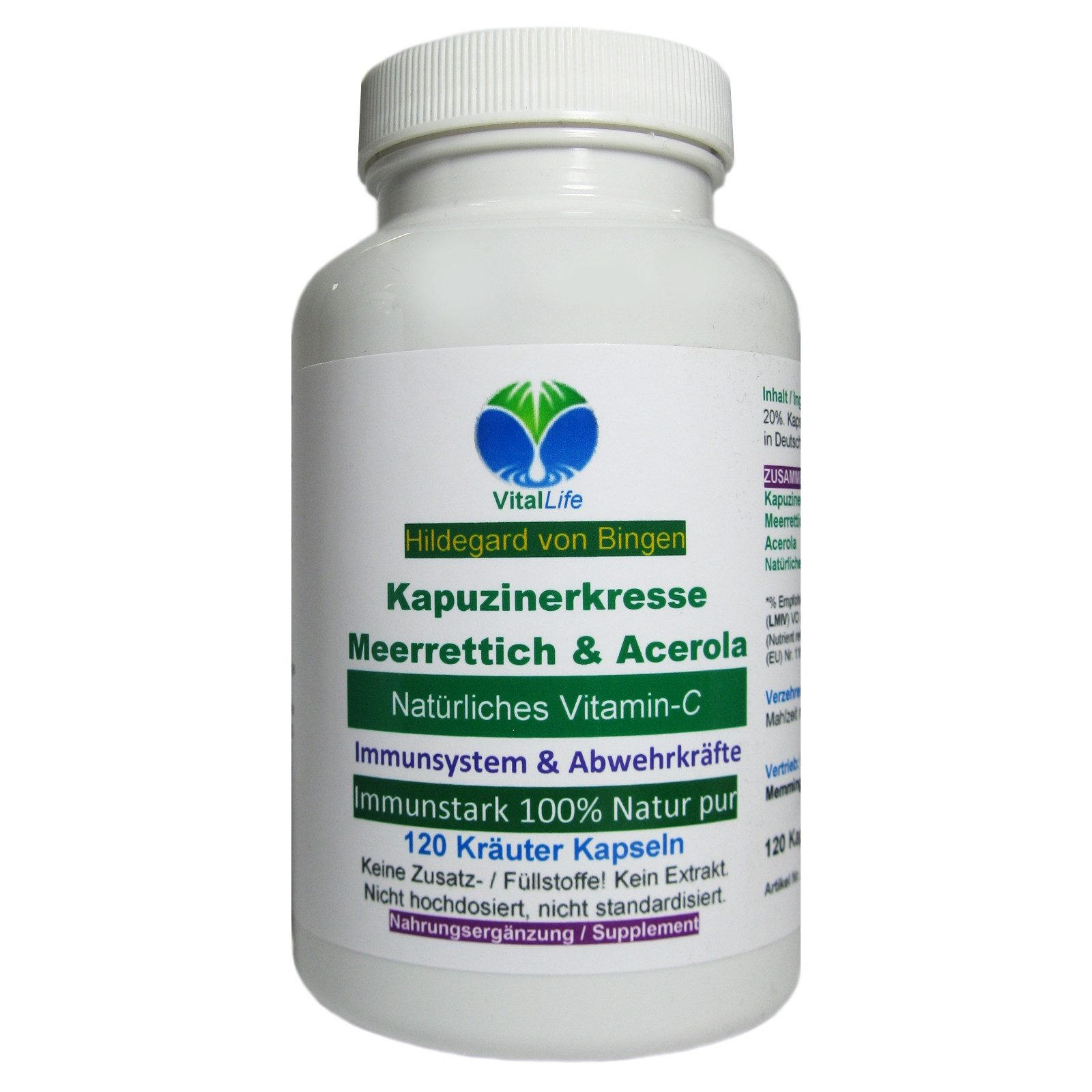 VitalLife Immunstark Kapuzinerkresse, Meerrettich, Acerola NATÜRLICHES Vitamin C Kapseln, 1 er Dose à 120 St., 55,2 g, Art. 26665-120