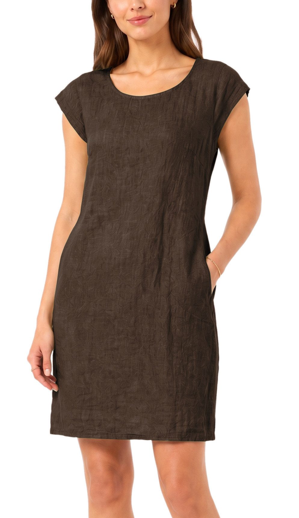 dy_mode Midikleid Einfarbiges Damen Leinenkleid Sommerkleid Kurzarm Midi Kleid in Unifarbe, mit Eingriffstaschen, leicht taillierte Passform