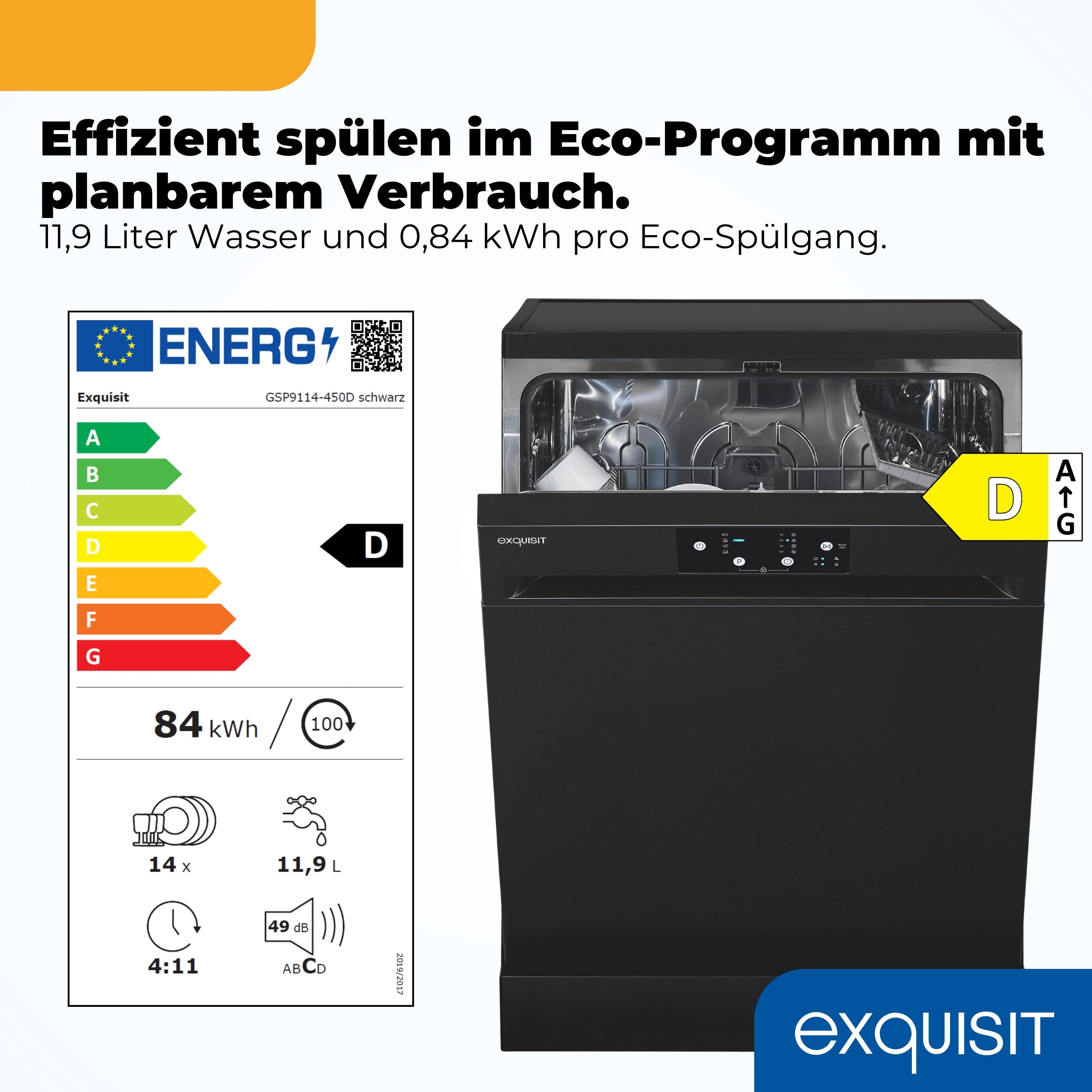 exquisit Standgeschirrspüler GSP9114-450D, 14 Maßgedecke, Edelstahl Innenbehälter, Energieklasse D, 49 dB Geräuschklasse C