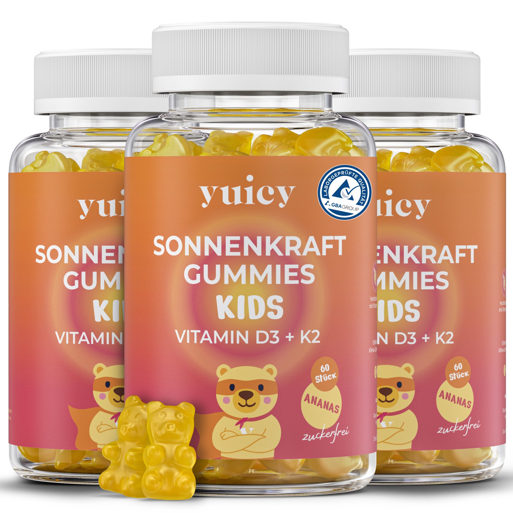 yuicy Kids Sonnenkraft – Vitamin D3 + K2 Gummibärchen für Kinder Gummies, 60 St., 450 g