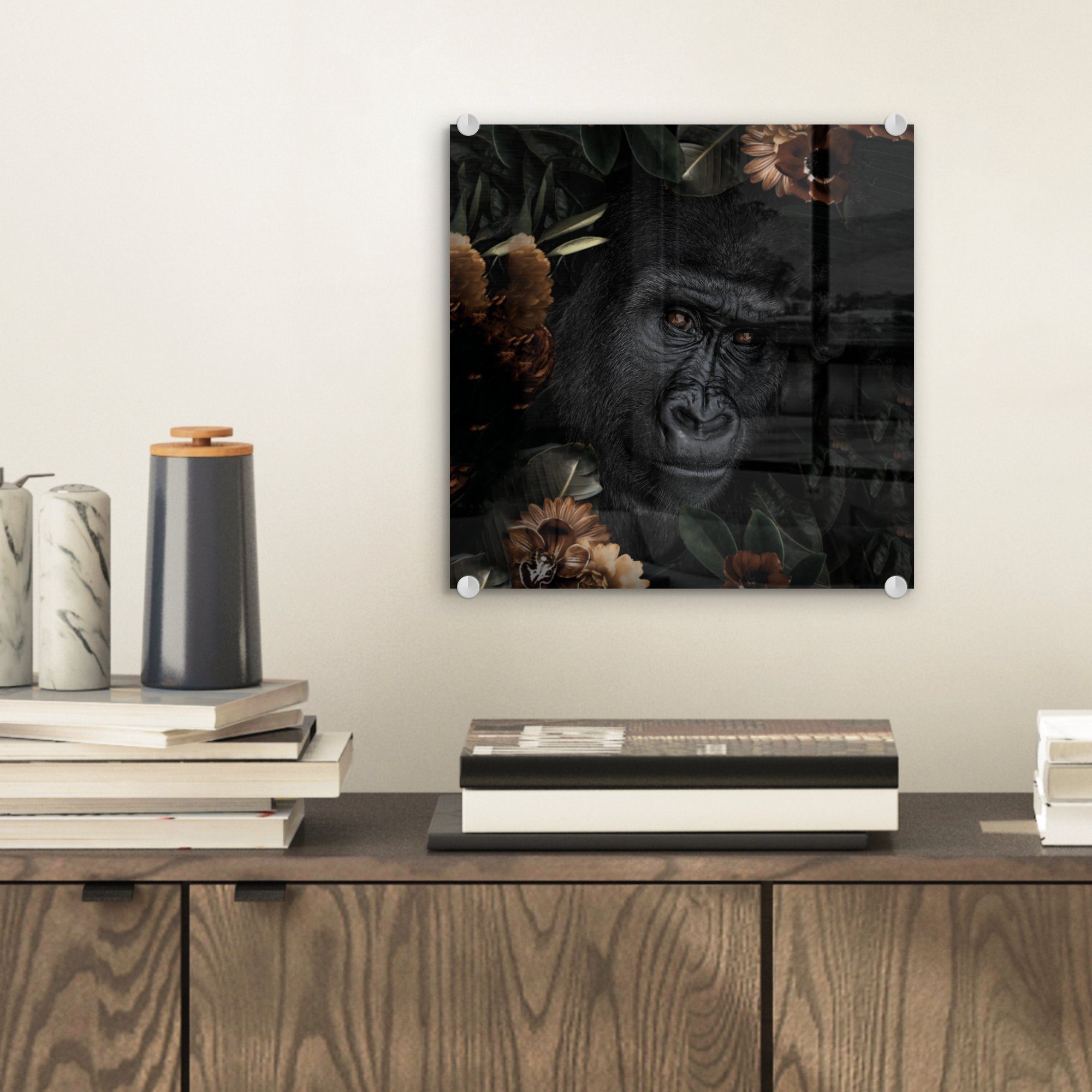 MuchoWow Acrylglasbild Affe - Tiere - auf Wandbild Schwarz, - Wanddekoration - - Glas (1 Bilder - Foto auf Glasbilder Glas St), Blumen