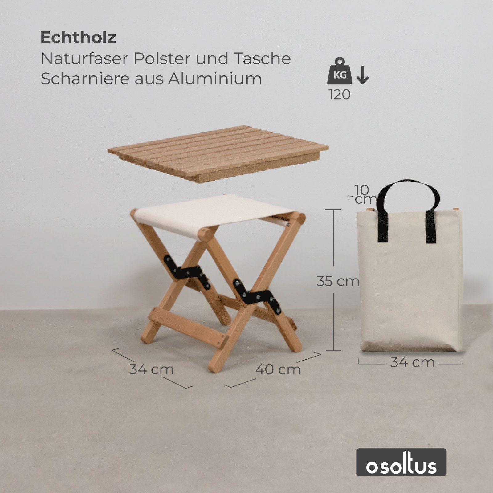 osoltus Campingstuhl osoltus Holz Falthocker 2in1 Camping Hocker / Beistelltisch Van natur – Bild 4 von 5