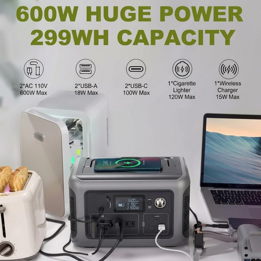 ALLPOWERS Tragbare Powerstation R600, 299 Wh LiFeP04-Akku für Camping Powerstation 80000 mAh (230 V), tragbares Design, Kabellose Ladefläche