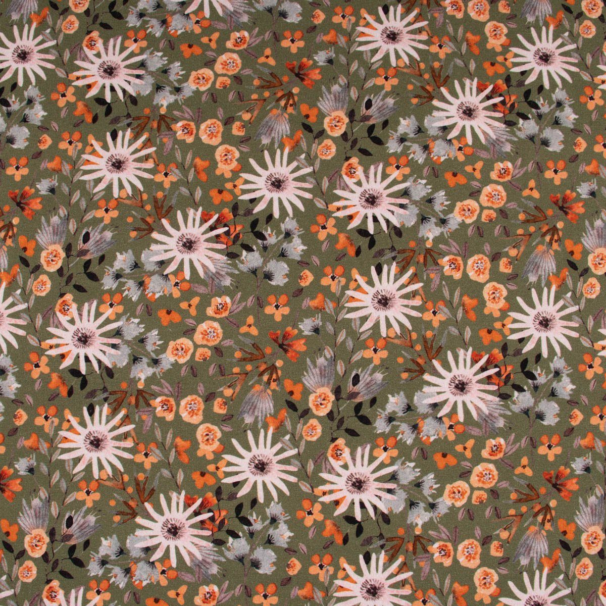 Thumbnail - SCHÖNER LEBEN. Stoff Sweatstoff Digitaldruck Aquarell Blumen khaki orange rosa 1,45m, allergikergeeignet