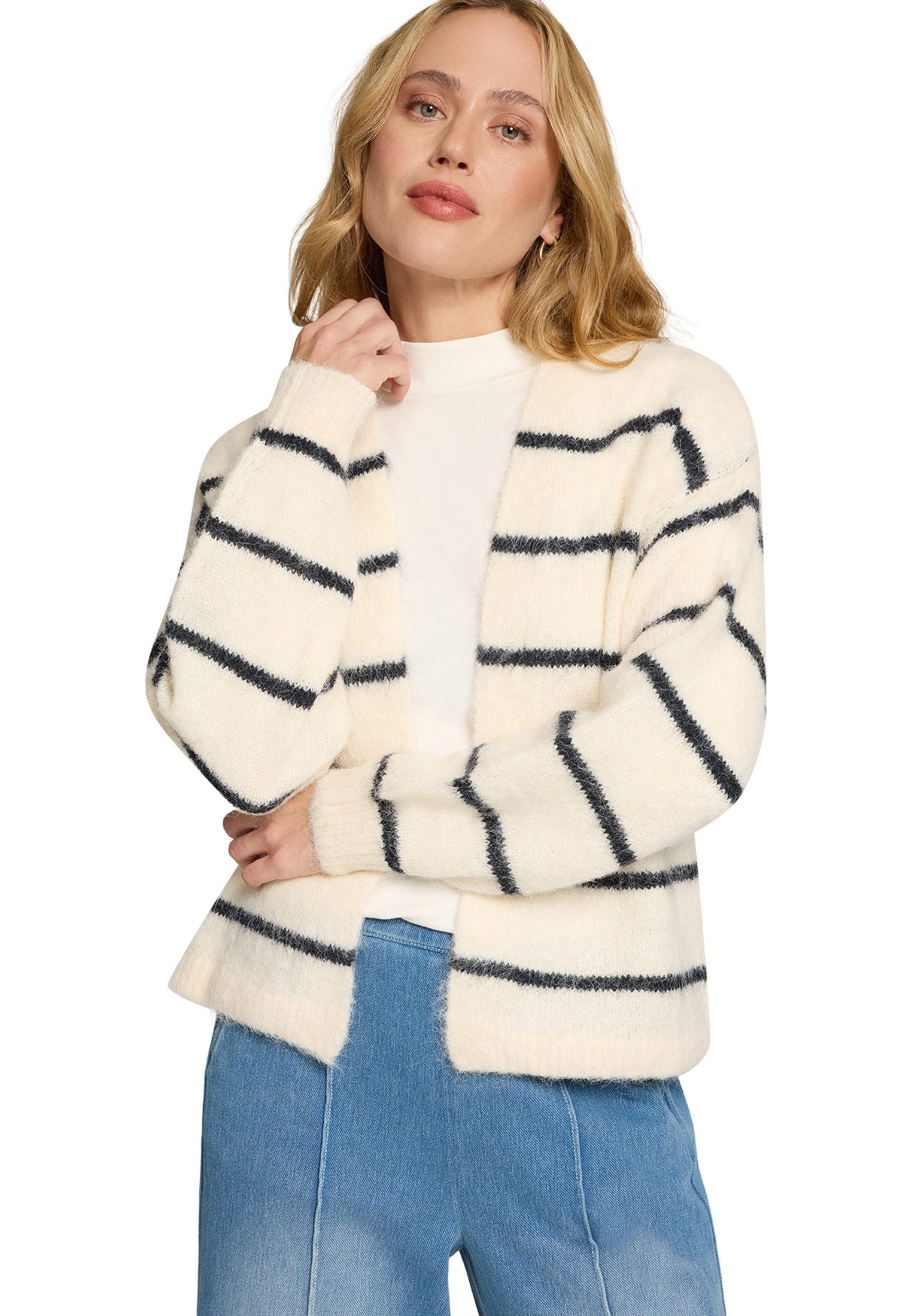 Zero Strickjacke Damen mit Streifen offener Style (1-tlg) Plain/ohne Details