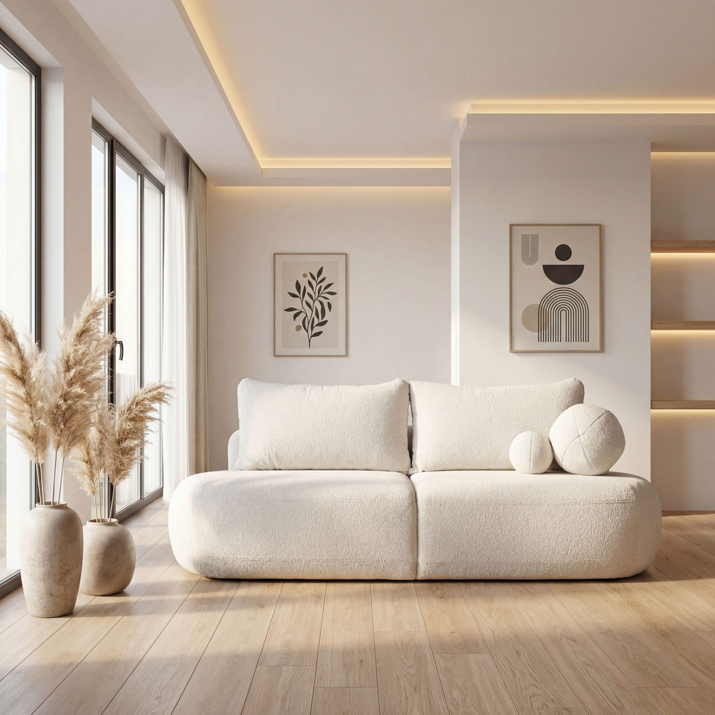 WFL GROUP Schlafsofa Bolla mit Bettkasten – 3 Sitzer Couch mit Schlaffunktion, Bettfunktion, Schlaffläche 160 × 200 cm, Skandinavische Polstercouch mit Rücken- und Dekokissen, Weicher Boucle