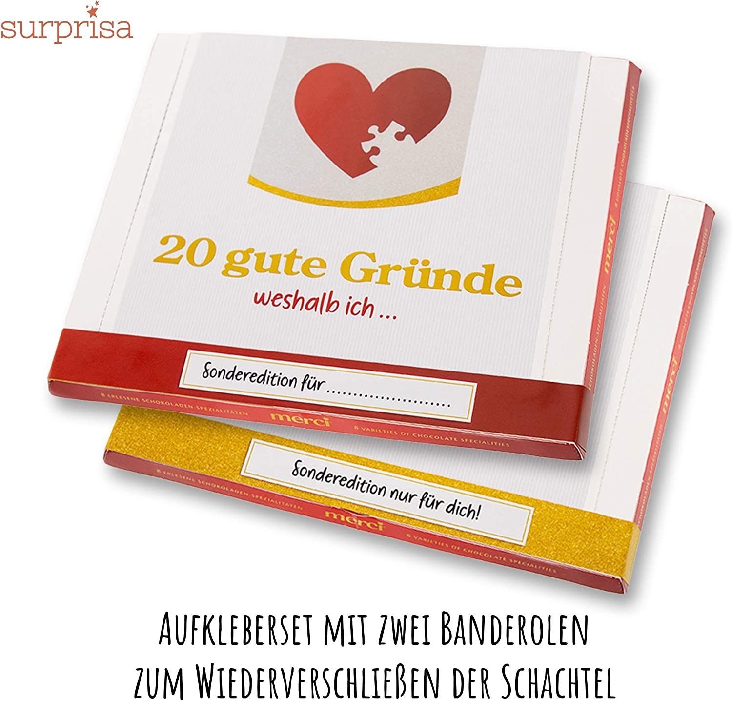 SURPRISA Aufkleber Aufkleber Set '20 Gründe' für Merci Schokolade, personalisierbare Sticker