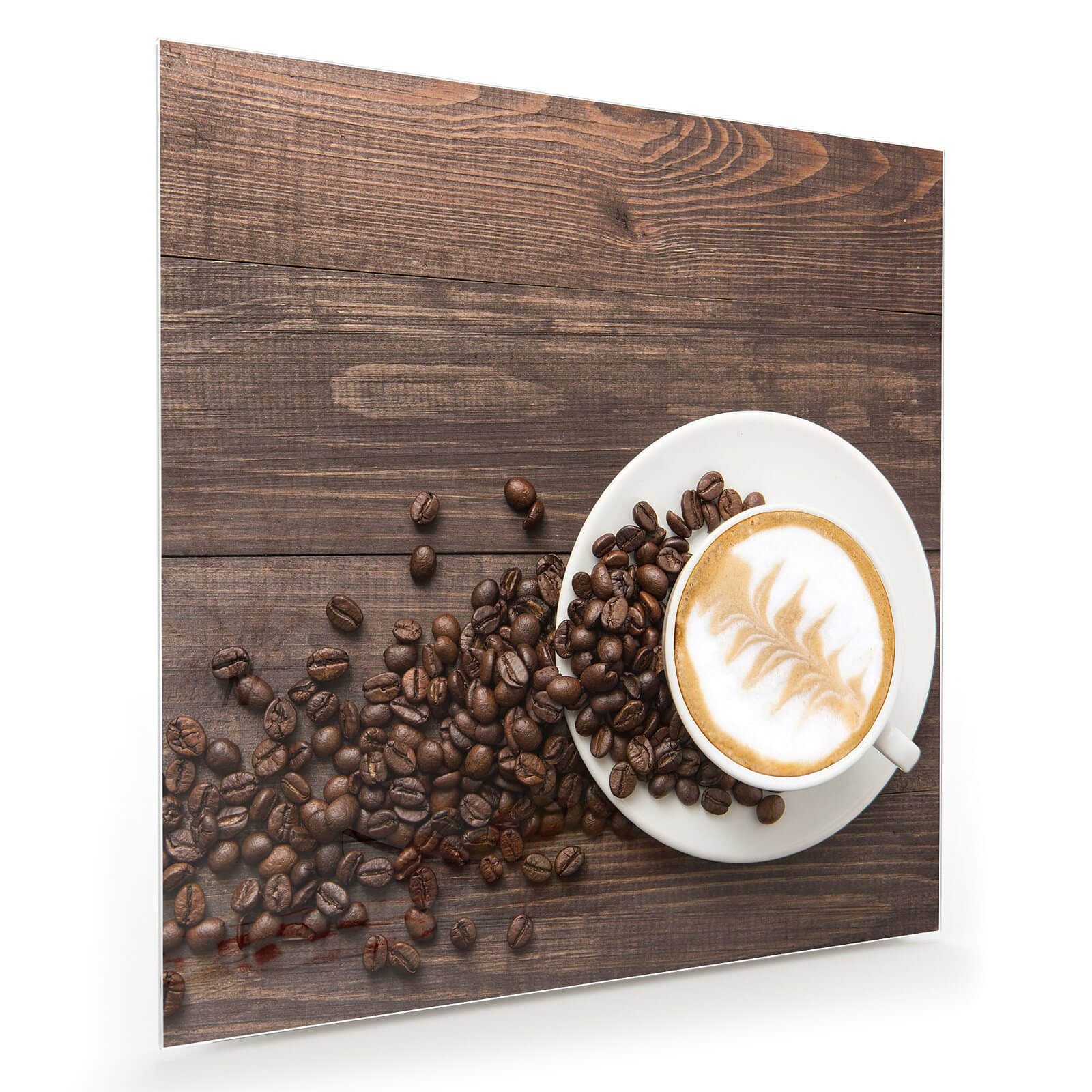 Glasbild Wandbild Quadratisch Cappuccino und Bohnen mit Aufhängung