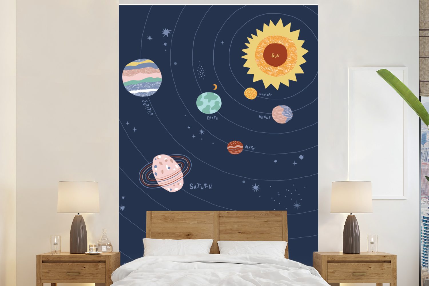 MuchoWow Fototapete Sonnensystem - Kinder - Sonne, Matt, bedruckt, (3 St), Montagefertig Vinyl Tapete für Wohnzimmer, Wandtapete
