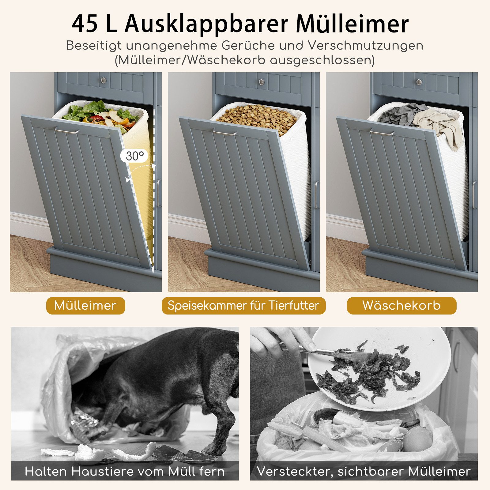 COSTWAY Küchenbuffet für 38L Mülleimer mit Arbeitsplatte, Hochschrank weiß