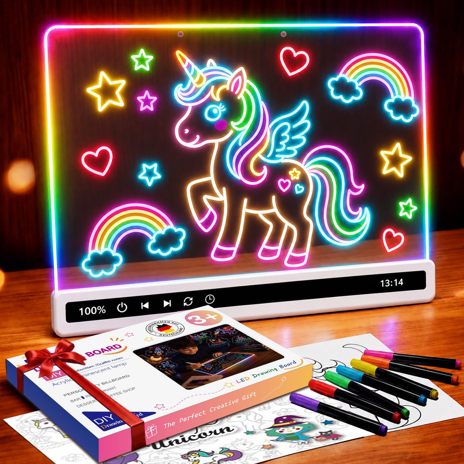 JoJoego Zaubertafel LED-Zeichenbrett mit 16 RGB-Lichteffekten wiederaufladbar 35×25 cm, (Acryl Maltafel abwischbar mit Timer und Ständer, 2800mAh Akku), kreative Geschenkidee für Kinder mit 7 Leuchtstiften und Tier-Vorlagen