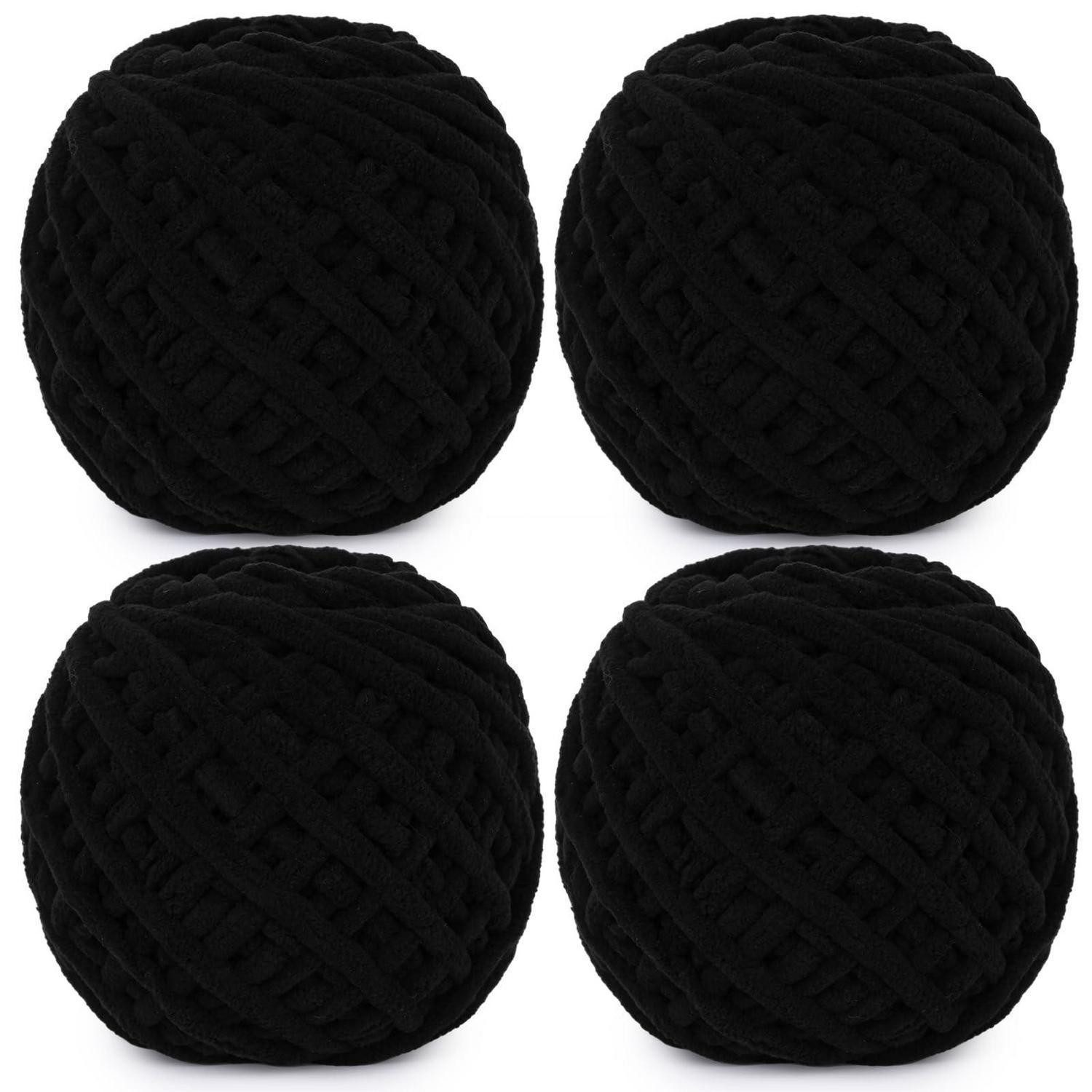 LuxusKollektion Chenille Garn, 4x100g, Schwarz, Chunky Wolle Häkelwolle