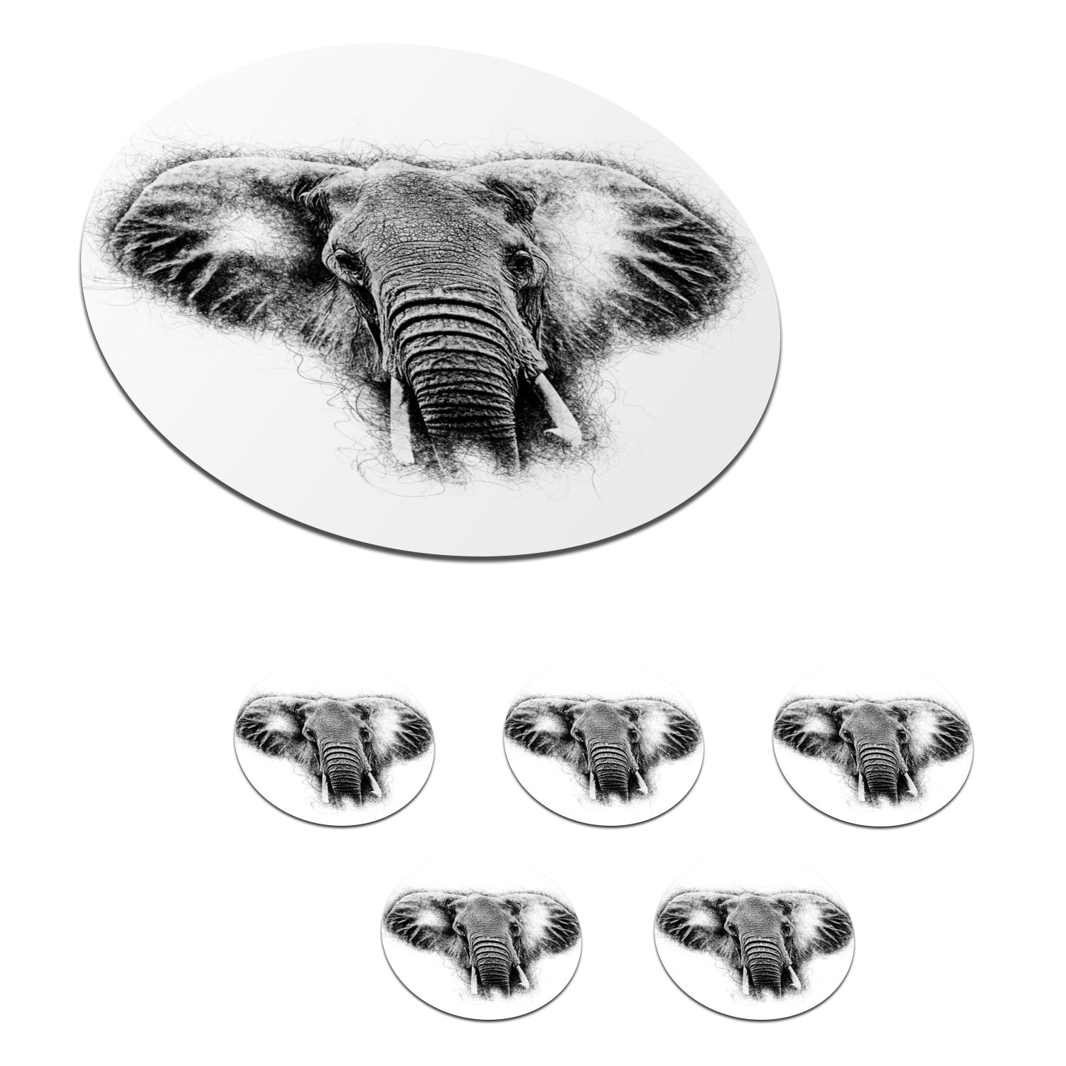 Schwarz Elefant Tiere 6-tlg., MuchoWow Korkuntersetzer, Zubehör Glasuntersetzer Gläser, - für - Tassenuntersetzer, Tasse, - Getränkeuntersetzer, Becher Weiß,