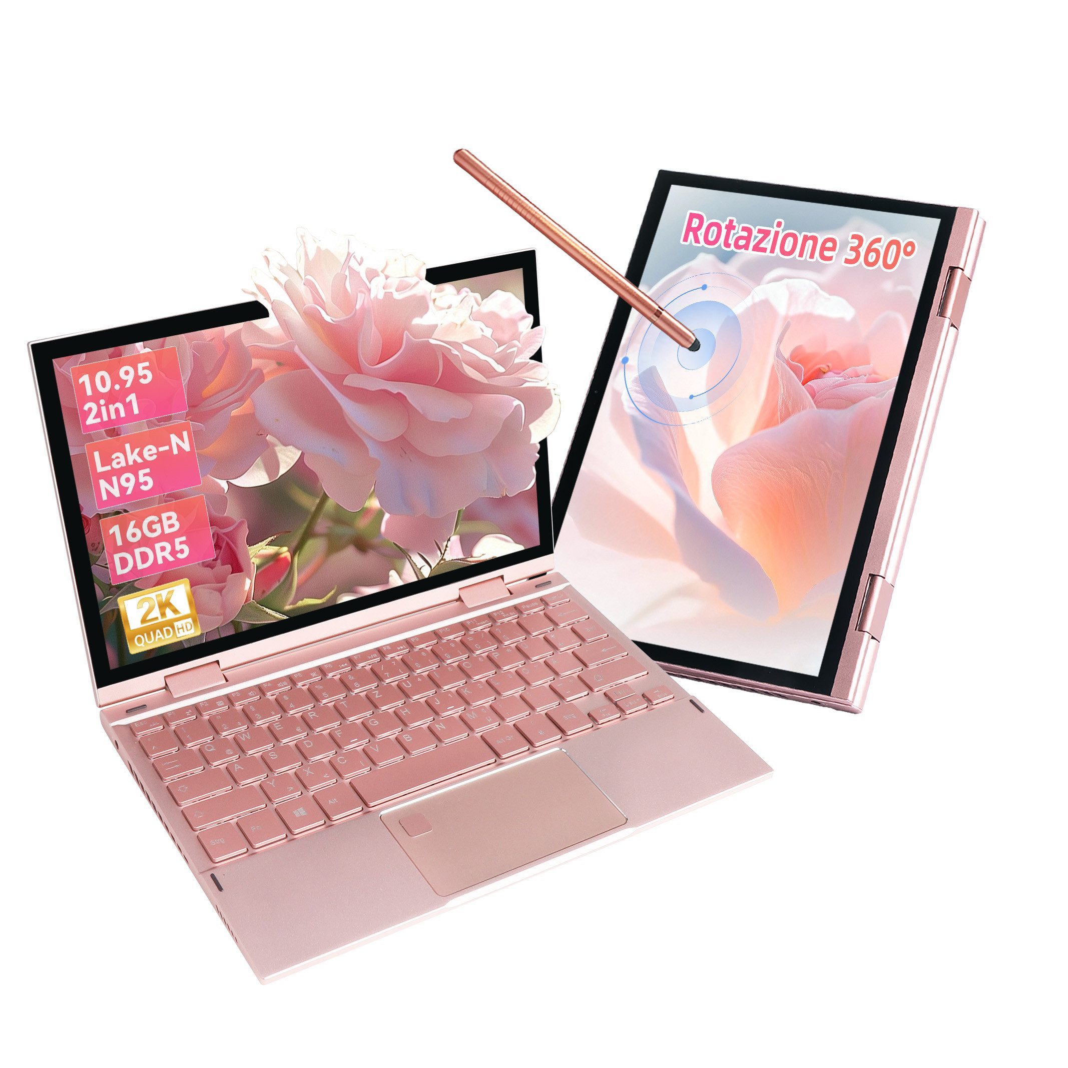 LONGEVINCE Rosa 2-in-1 Laptop mit 360°-Flip-Bildschirm, 16GB DDR5 Notebook (27,81 cm/10.95 Zoll, Intel Celeron N95, 16 GB, 238 GB SSD, Rosa Ultrabook, Mini-Laptop, 2K-Touchdisplay)