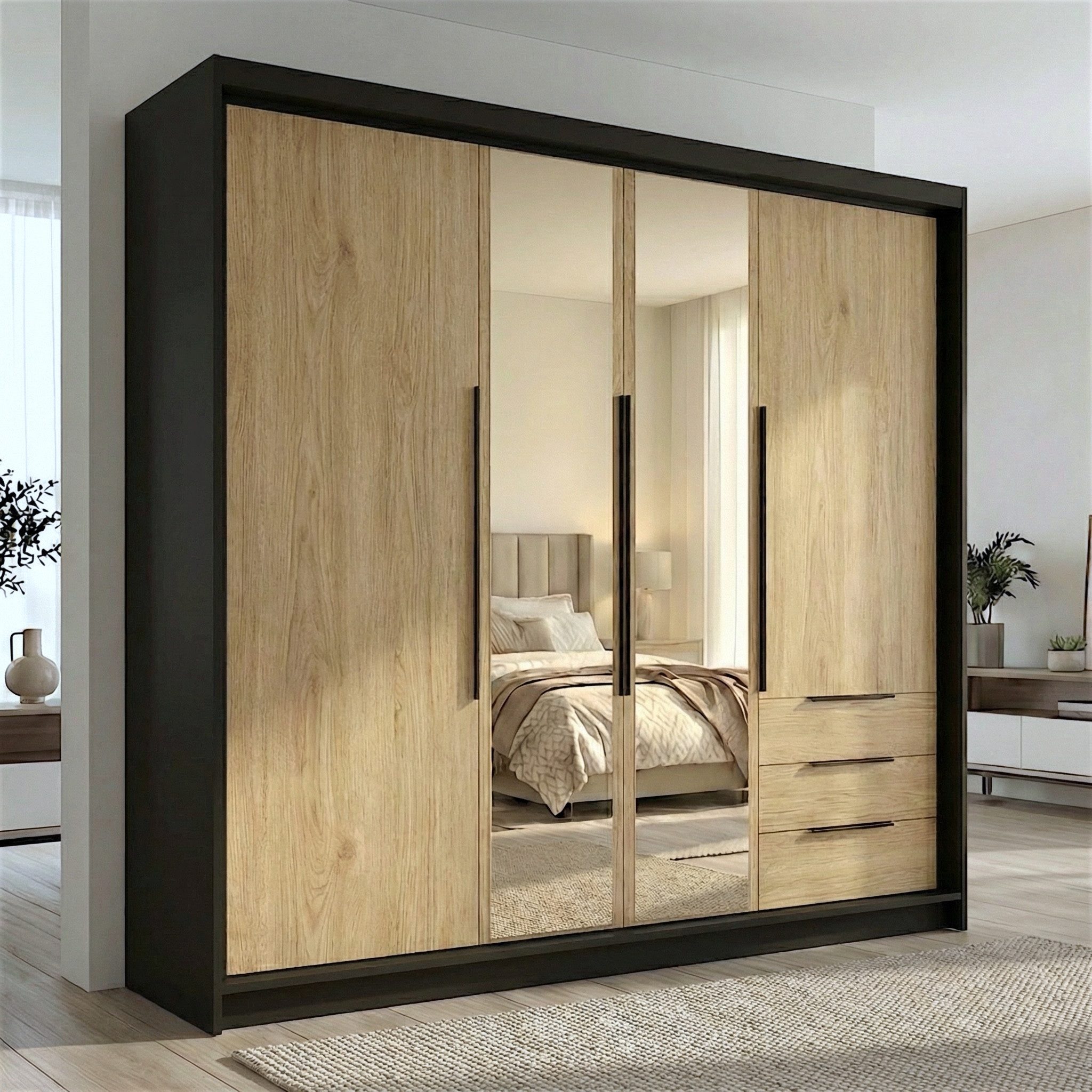 A&J MöbelLand GmbH Drehtürenschrank viertüriger Kleiderschrank mit Schubladen und Metallgriffen. (Geräumiger vier¬türiger Kleiderschrank mit Schubladen und Metallgriffen. Geräumiger Schrank mit einer Breite von 200 cm und Schubladen, ideal zur Aufbewahrung von Kleidung und Accessoires. Viel Stauraum. TOP PRODUKT! Wählen Sie das ideale Modell für Ihr Schlafzimmer!, TOP ANGEBOT) Breite: 200 cm, Höhe: 215 cm, Tiefe: 59,5 cm