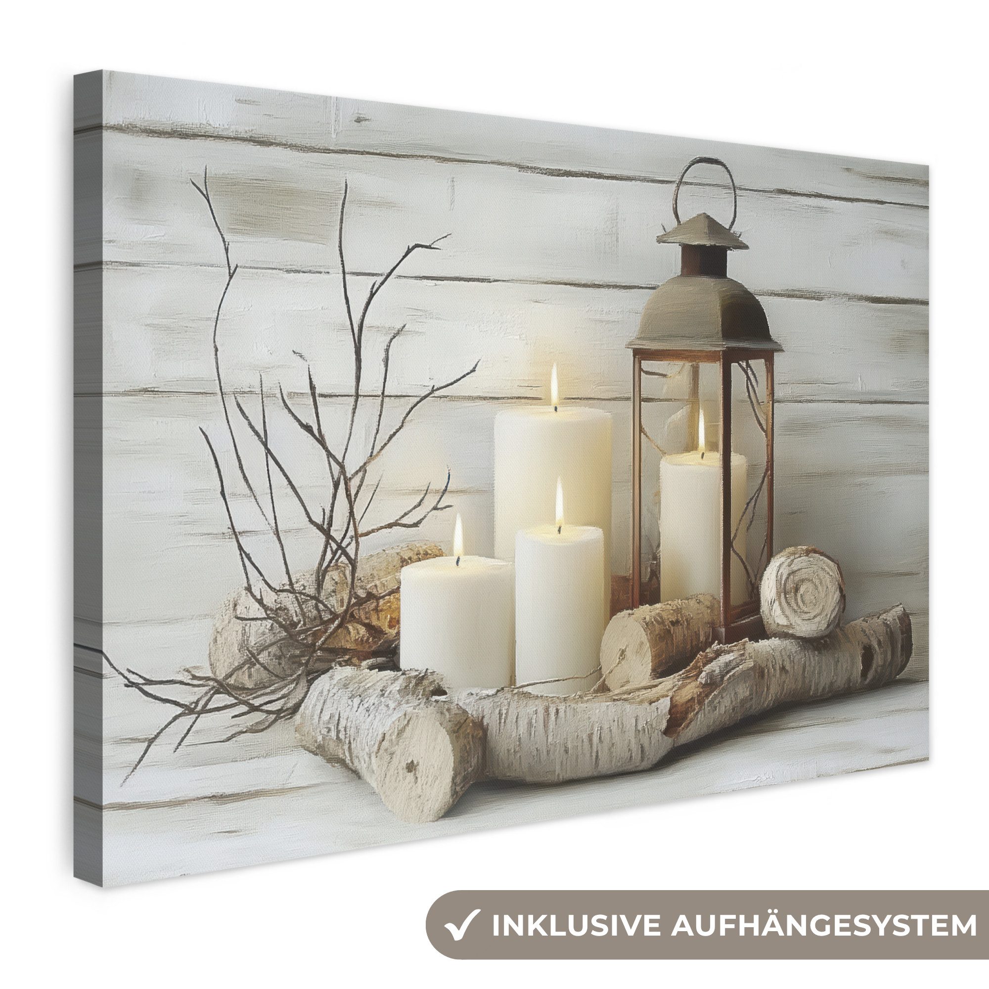 OneMillionCanvasses® Leinwandbild Stilleben - Weiß - Kerzen - Rustikal - Natur, Fotodruck (1 St), Leinwand Bilder Klein, Wand Dekoration Aesthetic 30x20 cm