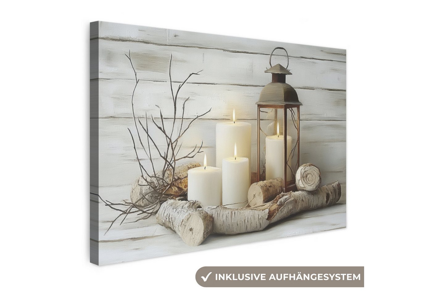OneMillionCanvasses® Leinwandbild Stilleben - Weiß - Kerzen - Rustikal - Natur, Fotodruck (1 St), Leinwand Bilder Klein, Wand Dekoration Aesthetic 30x20 cm