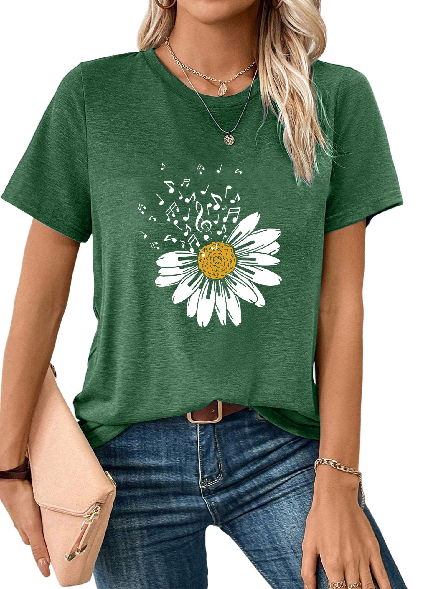 PYLIKE Print-Shirt Bequemes Shirt Damen Kurzarm Basic-Shirt mit Gänseblümchen Print Bequem für Freizeit und Büro,Strandurlaub