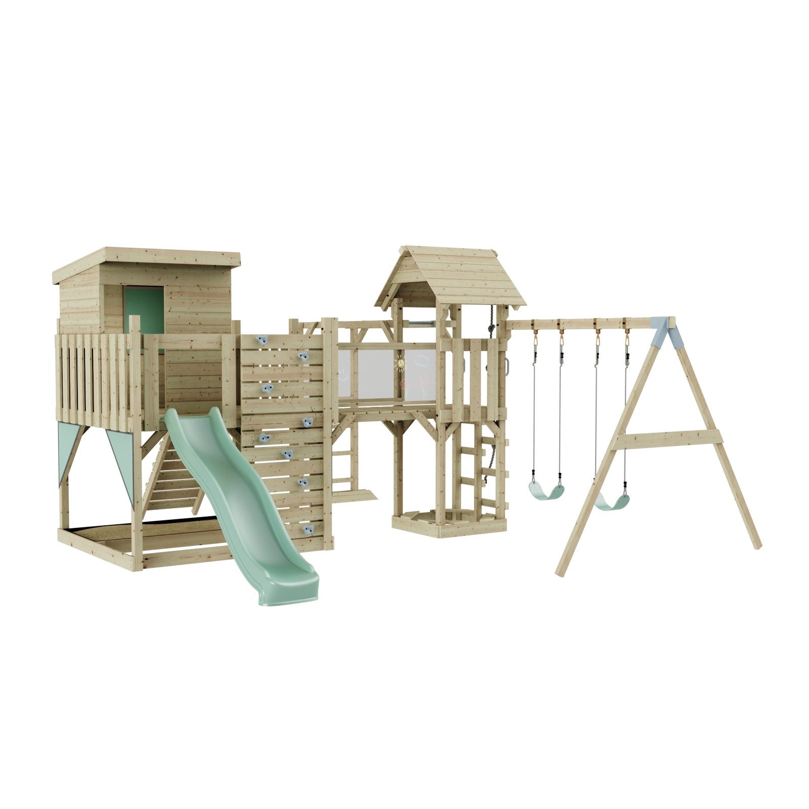 OutdoorToys Spielturm Malou, aus Holz in Mintgrün mit Kinderschaukel & Rutsche