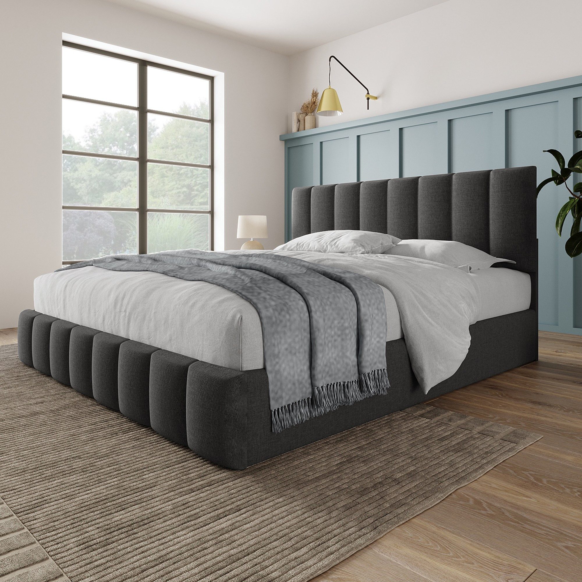 Flieks Polsterbett, Hydraulisches Doppelbett Leinen ohne Matratze 140x200cm