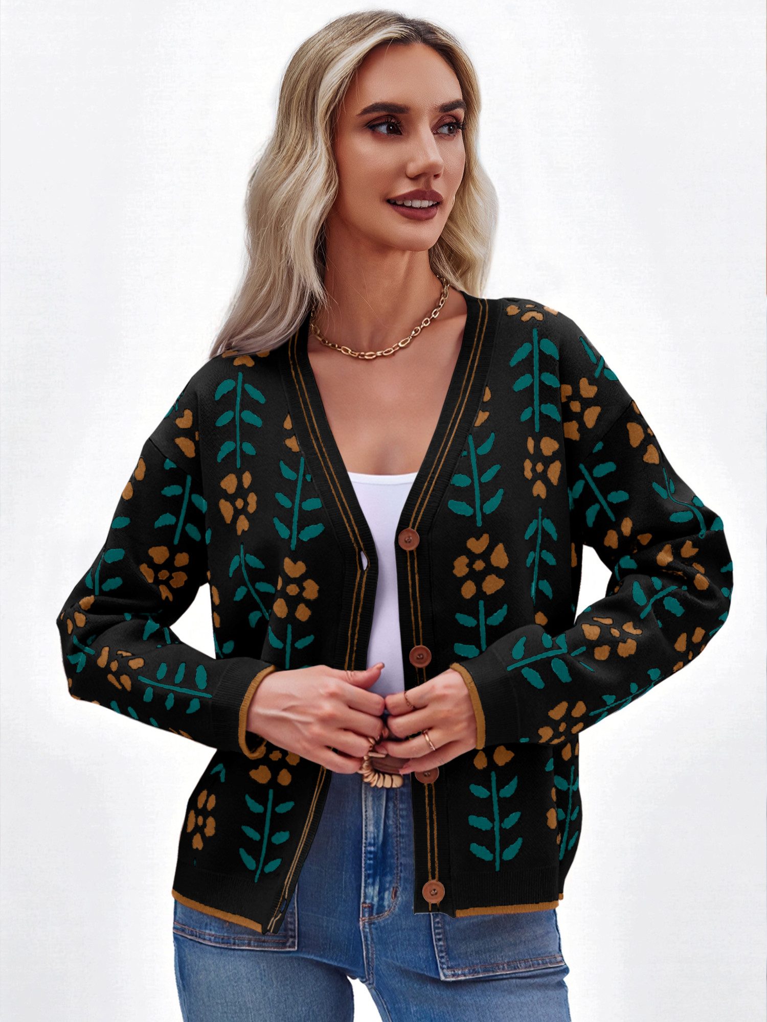 Imily Bela Cardigan Langarm Damen-Strickpullover mit Blumendruck (Packung, 1-tlg., 1per-Pack) casual