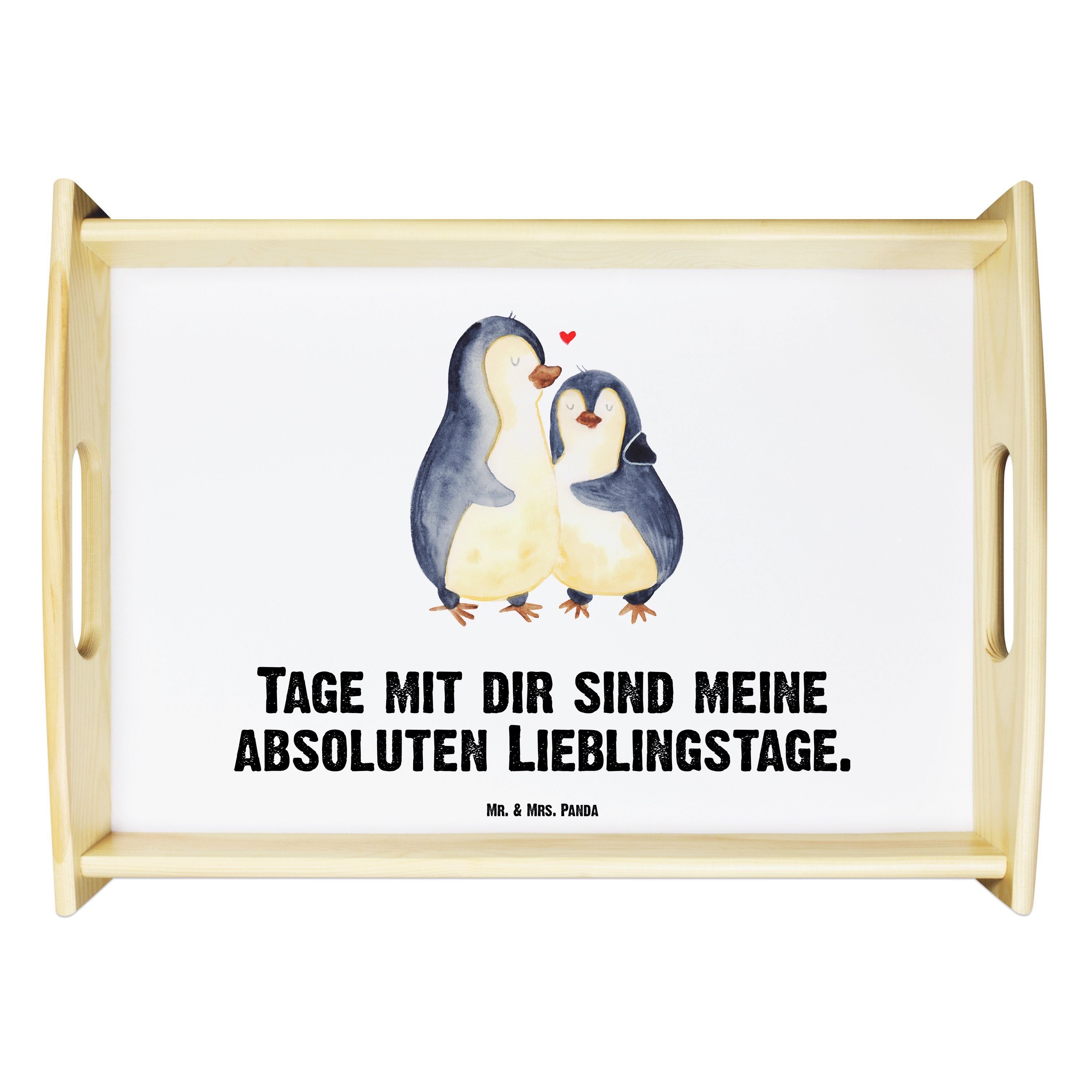 Mr. & Mrs. Panda Tablett Pinguin umarmen - Weiß - Geschenk, Holztablett, Dekotablett, Verlobun, Echtholz lasiert, (1-tlg), Strahlender Aufdruck