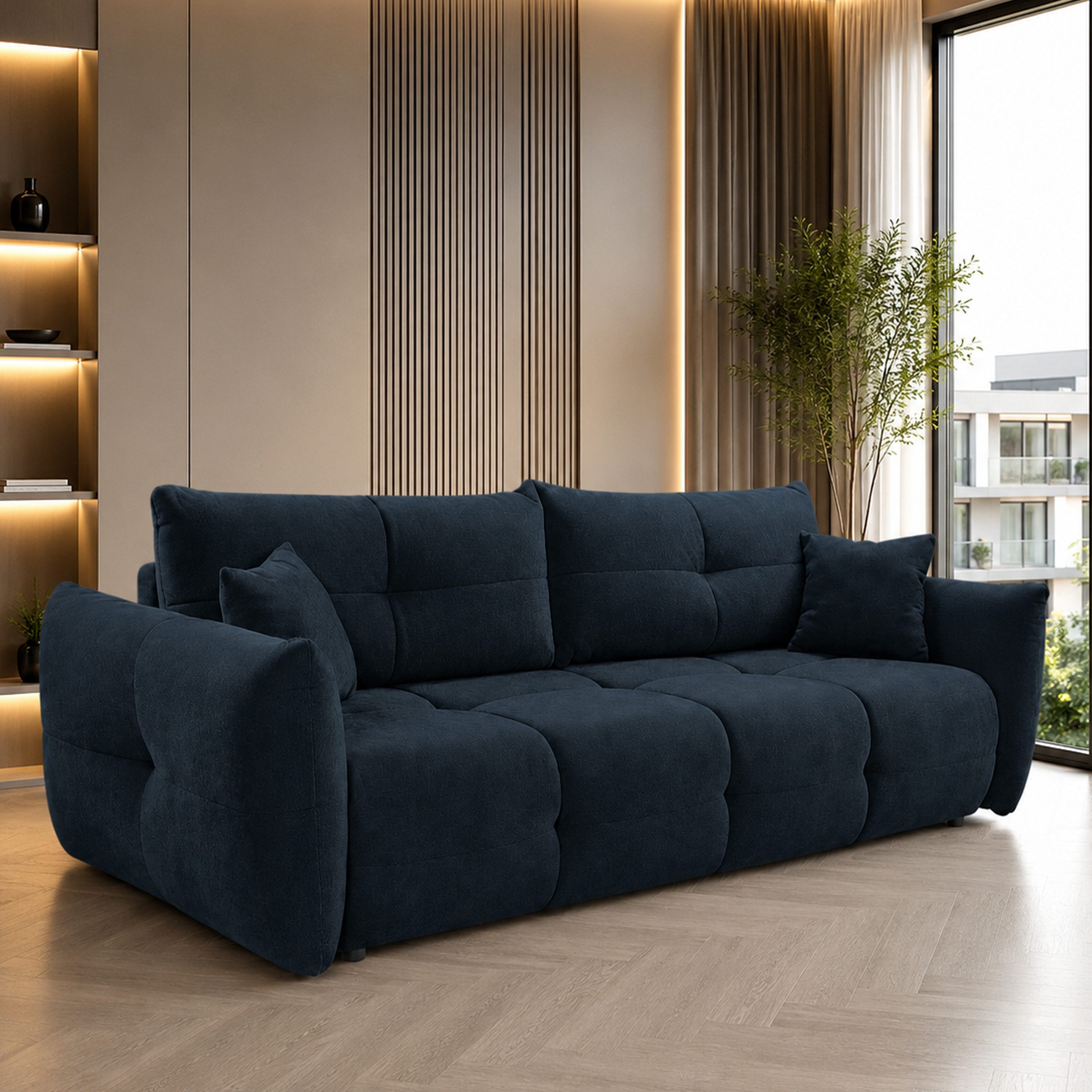 Goldstoff Sofa Beige 3 Sitzer mit Schlaffunktion und Bettkasten, Design Schlafsofa 245 cm mit Ausziehfunktion und Stauraum, Premium Couch 3 Sitzer mit Bettfunktion und Stauraum Modern