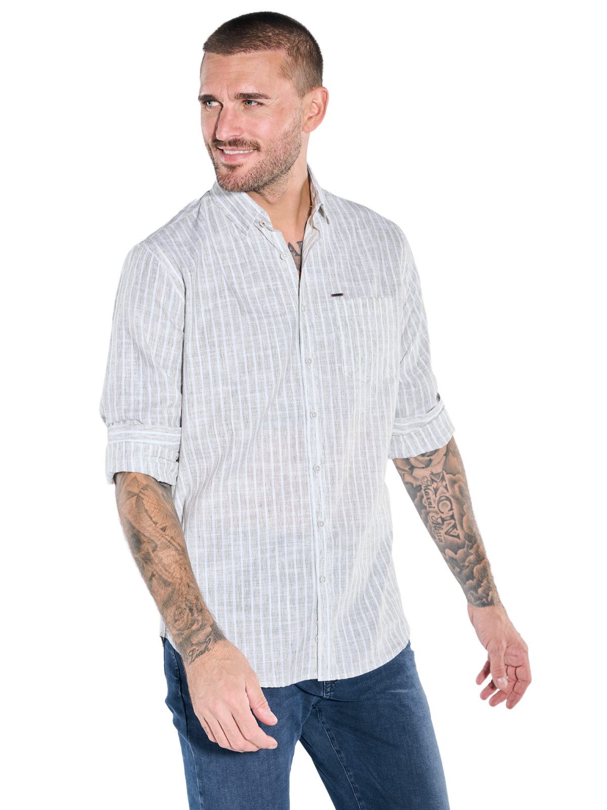 emilio adani Langarmhemd Herren Langarmhemd in Flammgarn-Optik, Khaki