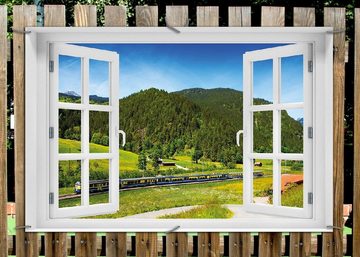 Wallario Sichtschutzzaunmatten Eisenbahn in einer Sommerlandschaft in der Schweiz, mit Fenster-Illusion