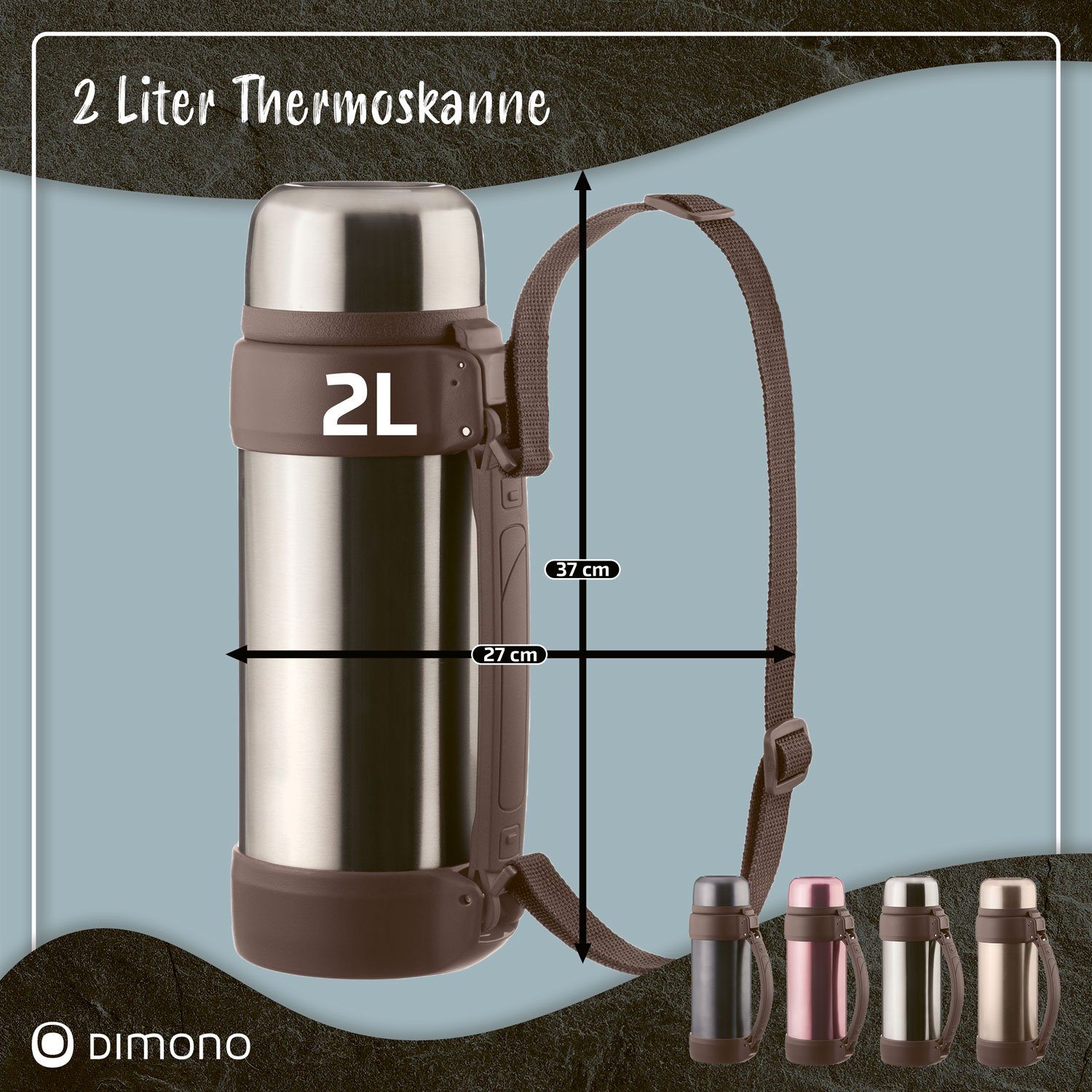 Dimono Thermoflasche Vakuum Isolierkanne Thermoskanne Pur XXL, 2 Liter Isolierflasche Edelstahl